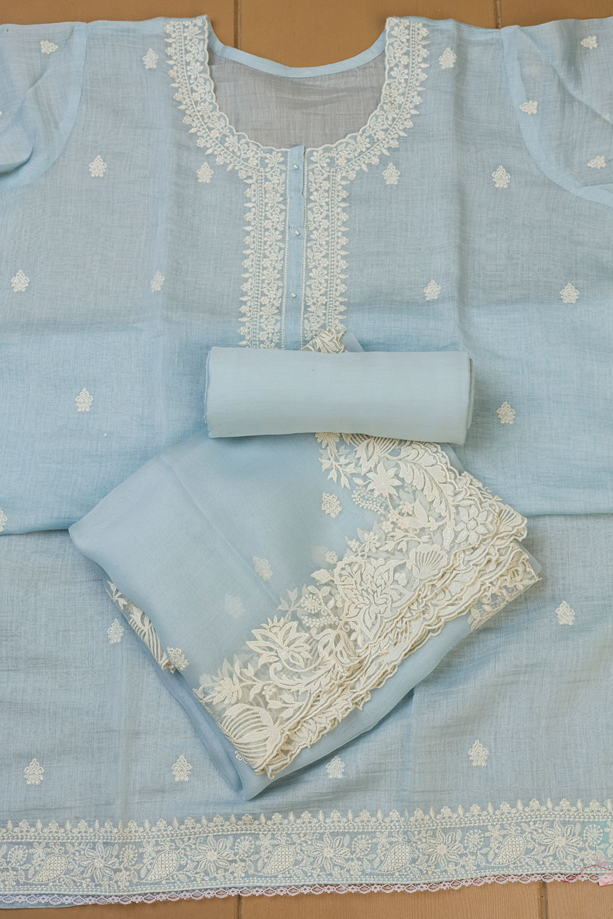 Buy Baby Blue Silk Unstitched Salwar Kameez With Sequins Work Online at Samyakk