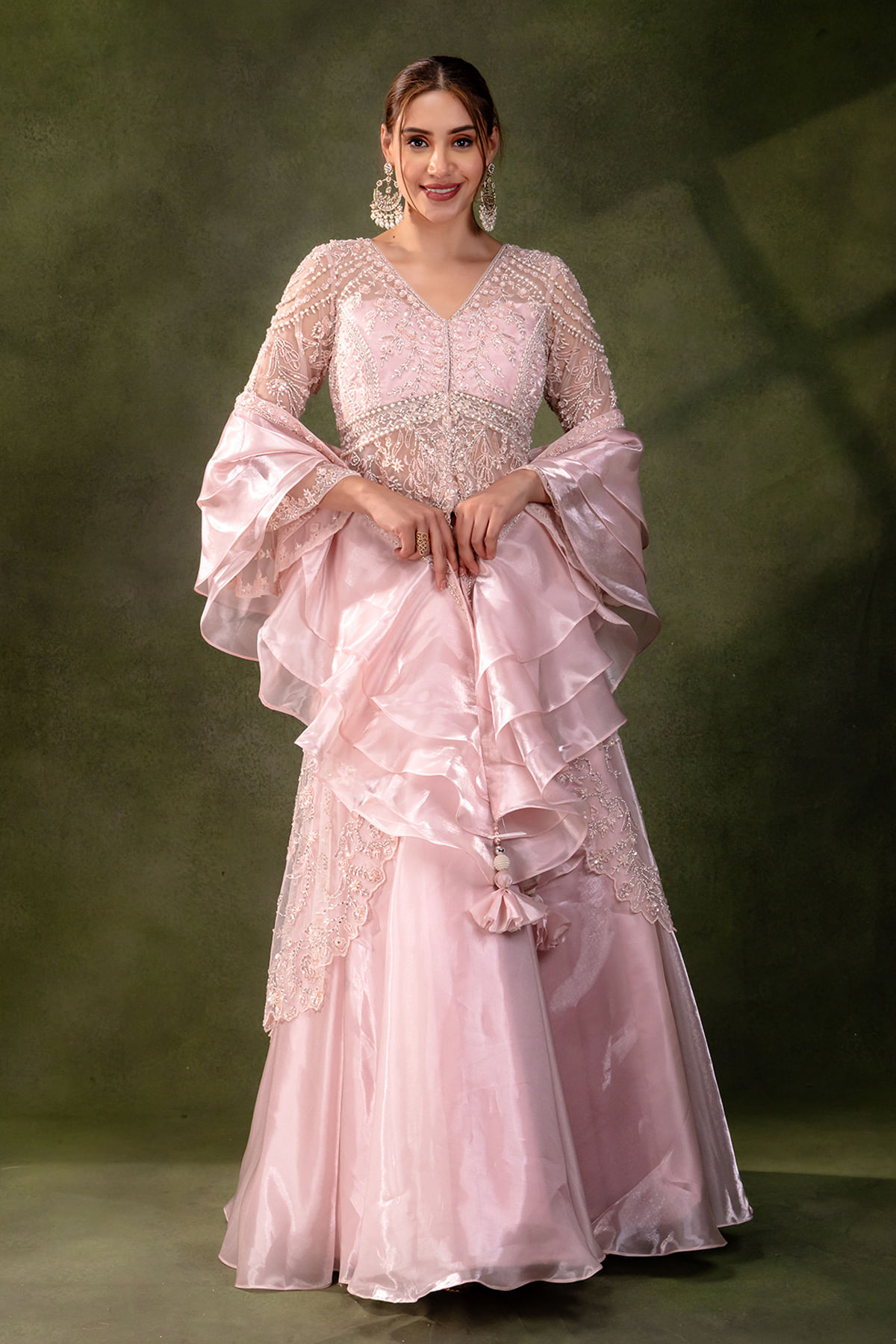 Baby Pink Glass Tissue Jacket Lehenga with Sequins Embroidery-GM1164