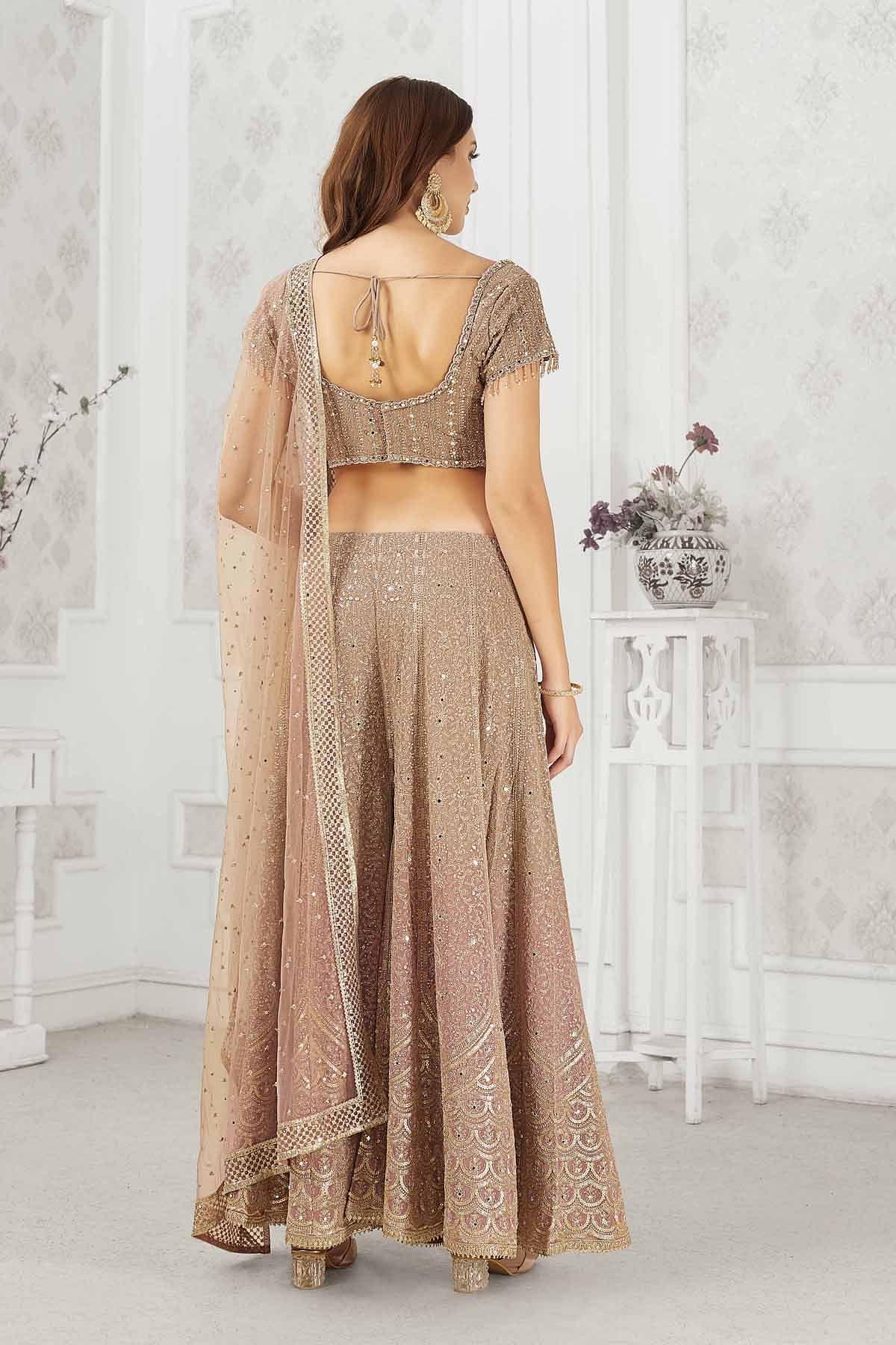 Buy Beige and Pink Ombre Palazzo Suit with Mirror Work and Net Dupatta Online Samyakk