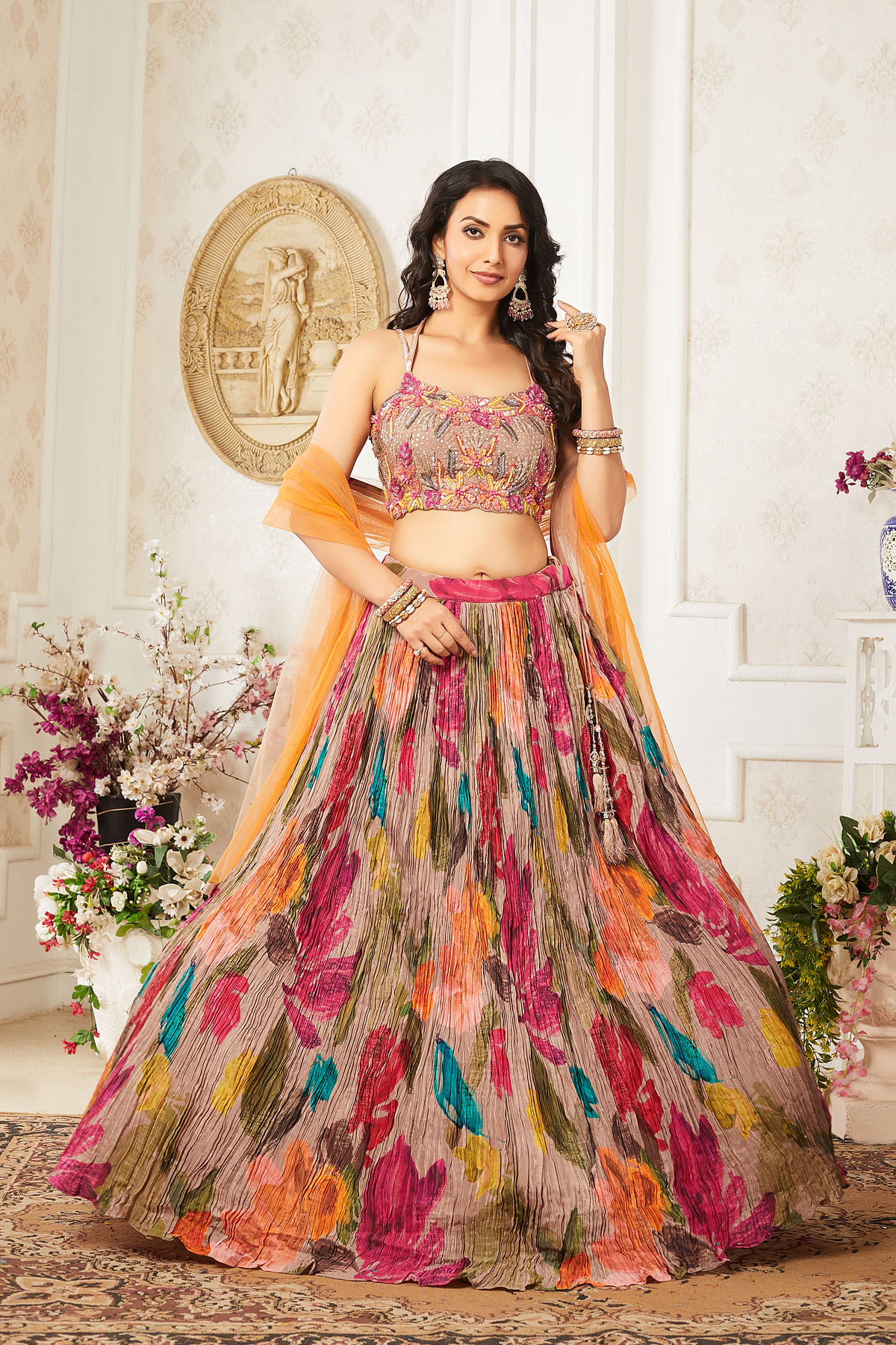 Buy Beige Crepe Floral Printed Designer Lehenga With Crop Top Style Blouse Online at Samyakk