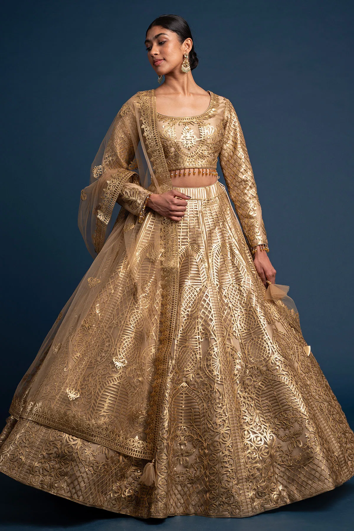 Buy Beige Metal Embroidered Silk Bridesmaids Lehenga Online at Samyakk