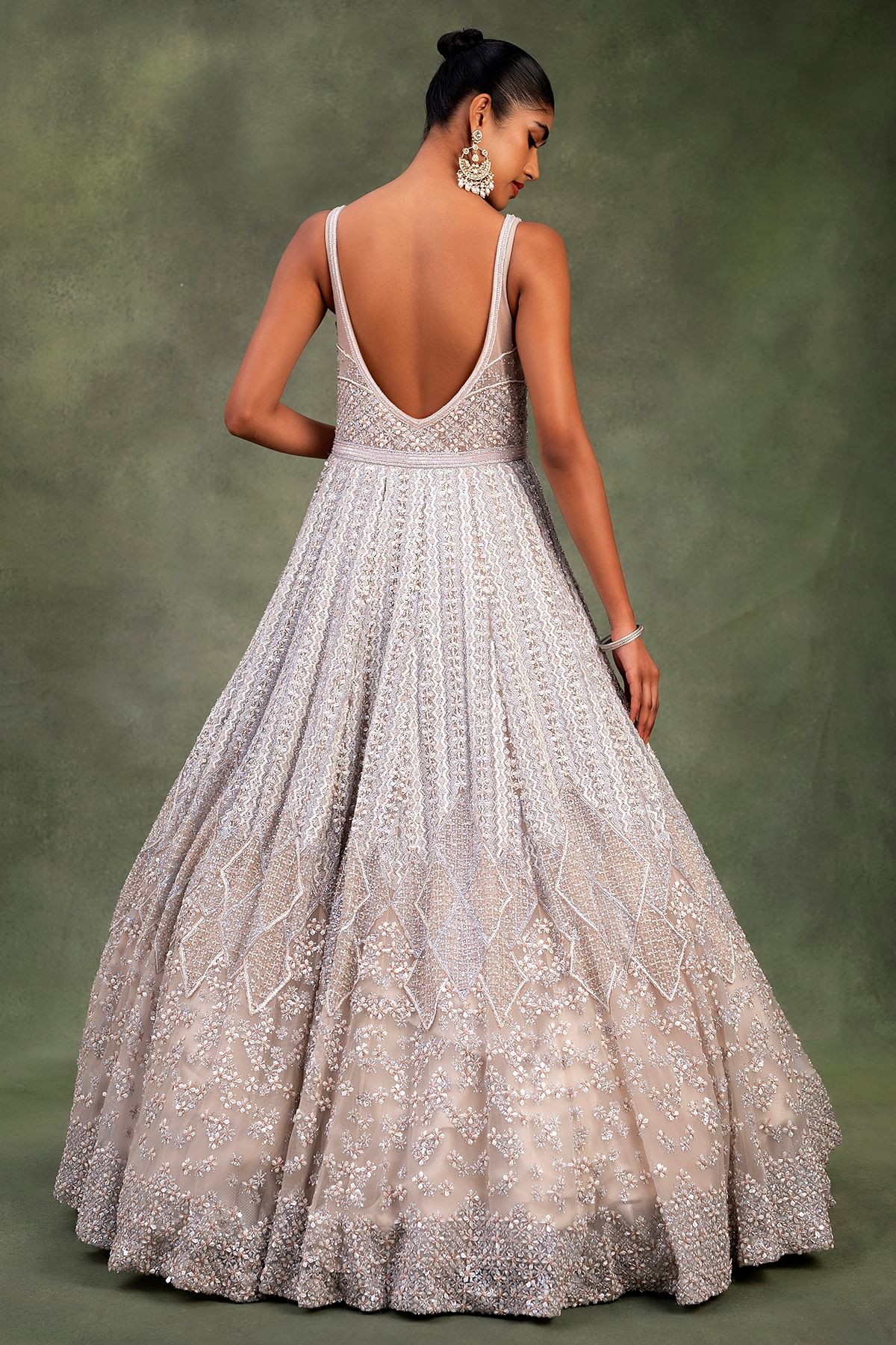 Buy Beige Net Indowestern Gown with Cape Sleeve and Pentagon Neck Online Samyakk