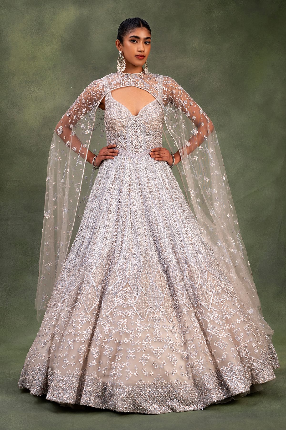 Buy Beige Net Indowestern Gown with Cape Sleeve and Pentagon Neck Online Samyakk