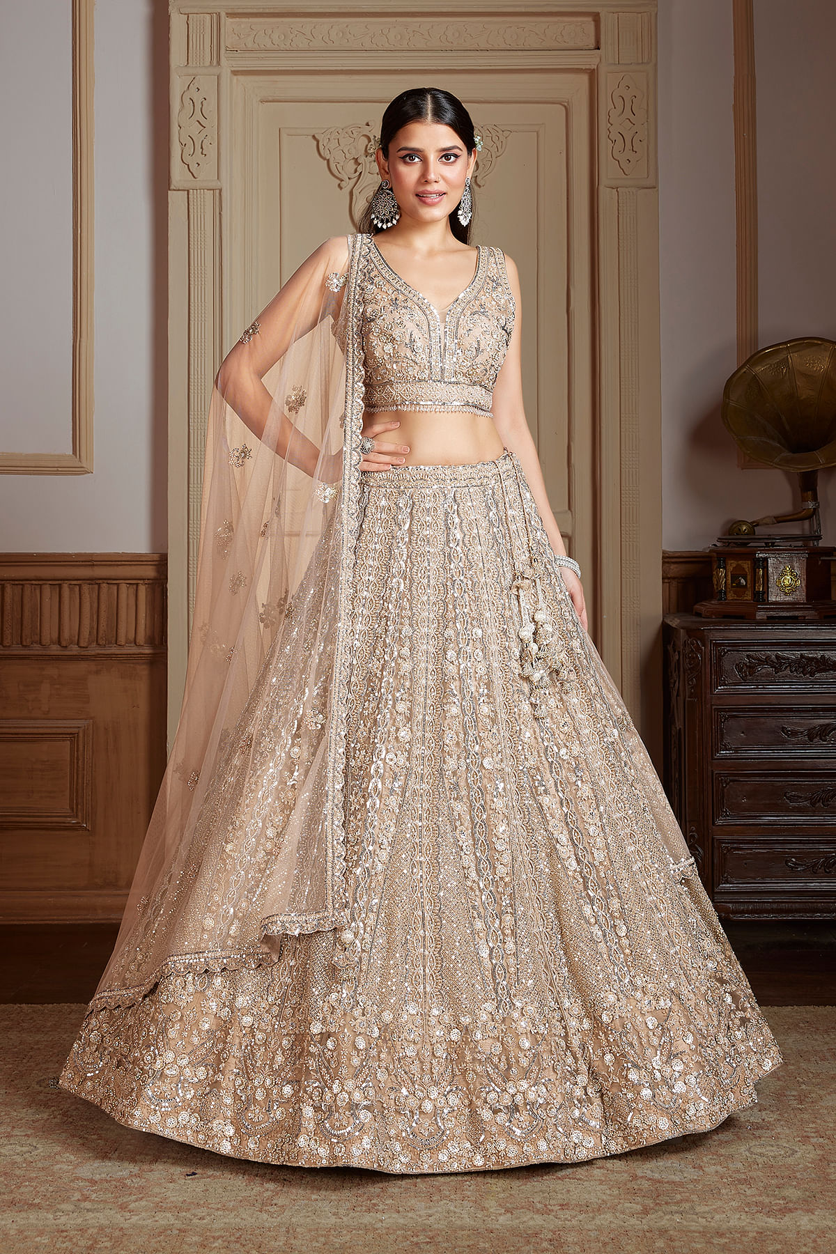 Buy Beige Pink Umbrella Style Net Sangeet Lehenga With Embroidered Curve V Neck Blouse Online at Samyakk