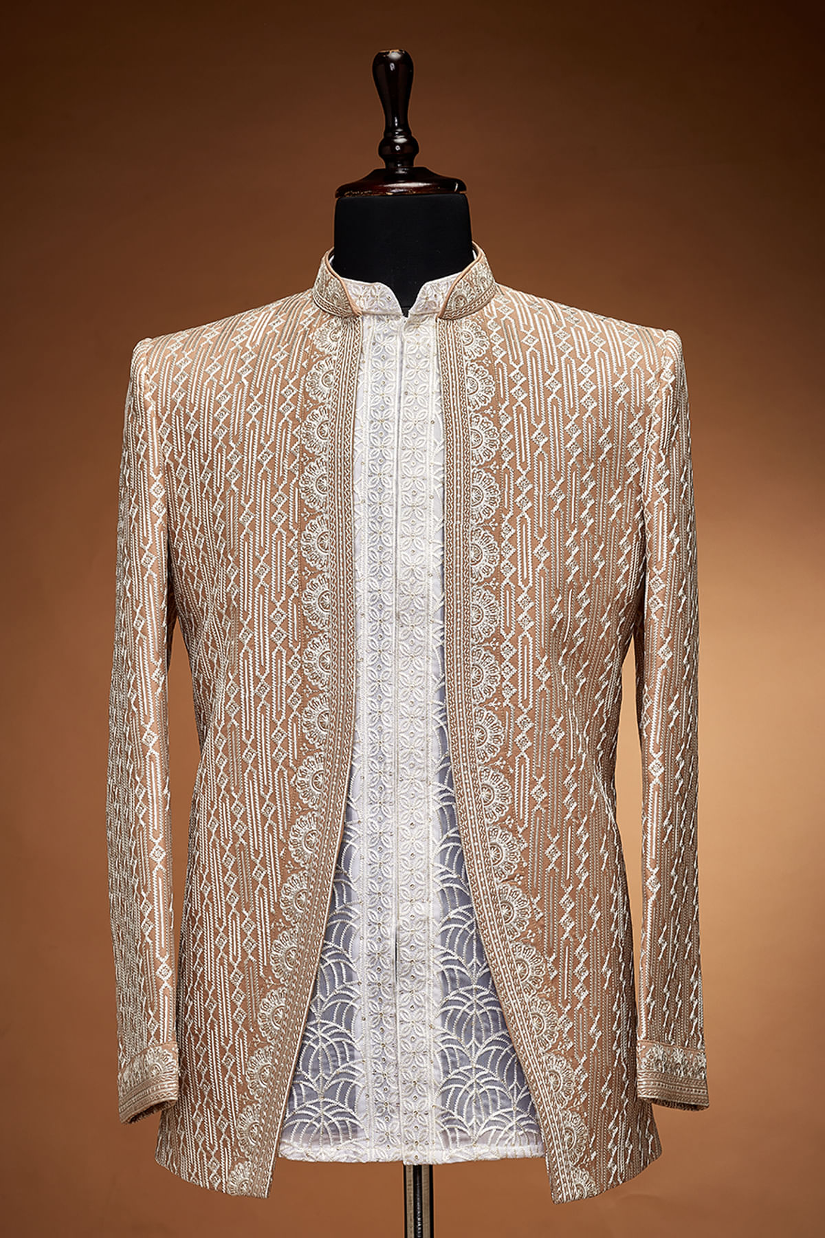 Beige Resham work Bandhgala Suit with Mandarin Collar and Straight Cut Pant-GH6957