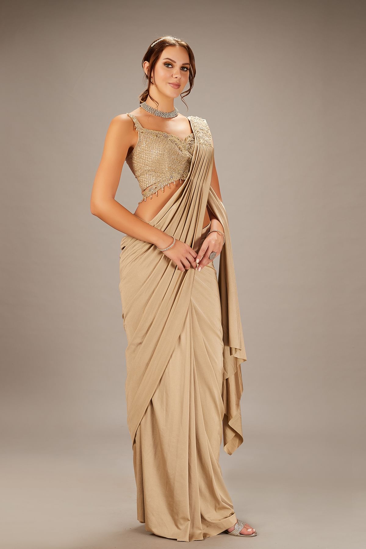 Buy Beige Satin Designer Drape Saree With Stone Work And Ready Blouse Online Samyakk