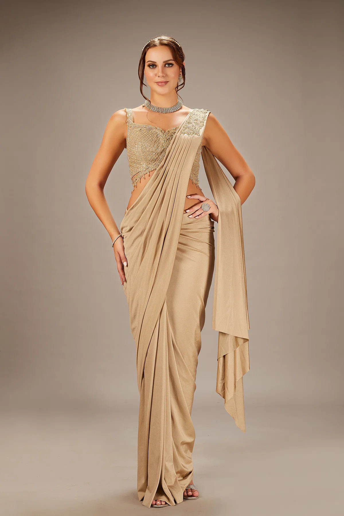 Buy Beige Satin Designer Drape Saree With Stone Work And Ready Blouse Online at Samyakk