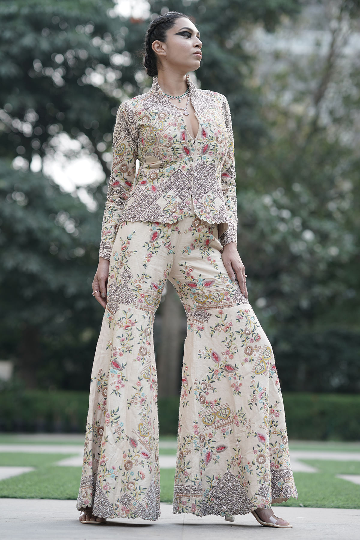 Beige Silk Sharara Suit With High Neck & Sequins Work-SL13831