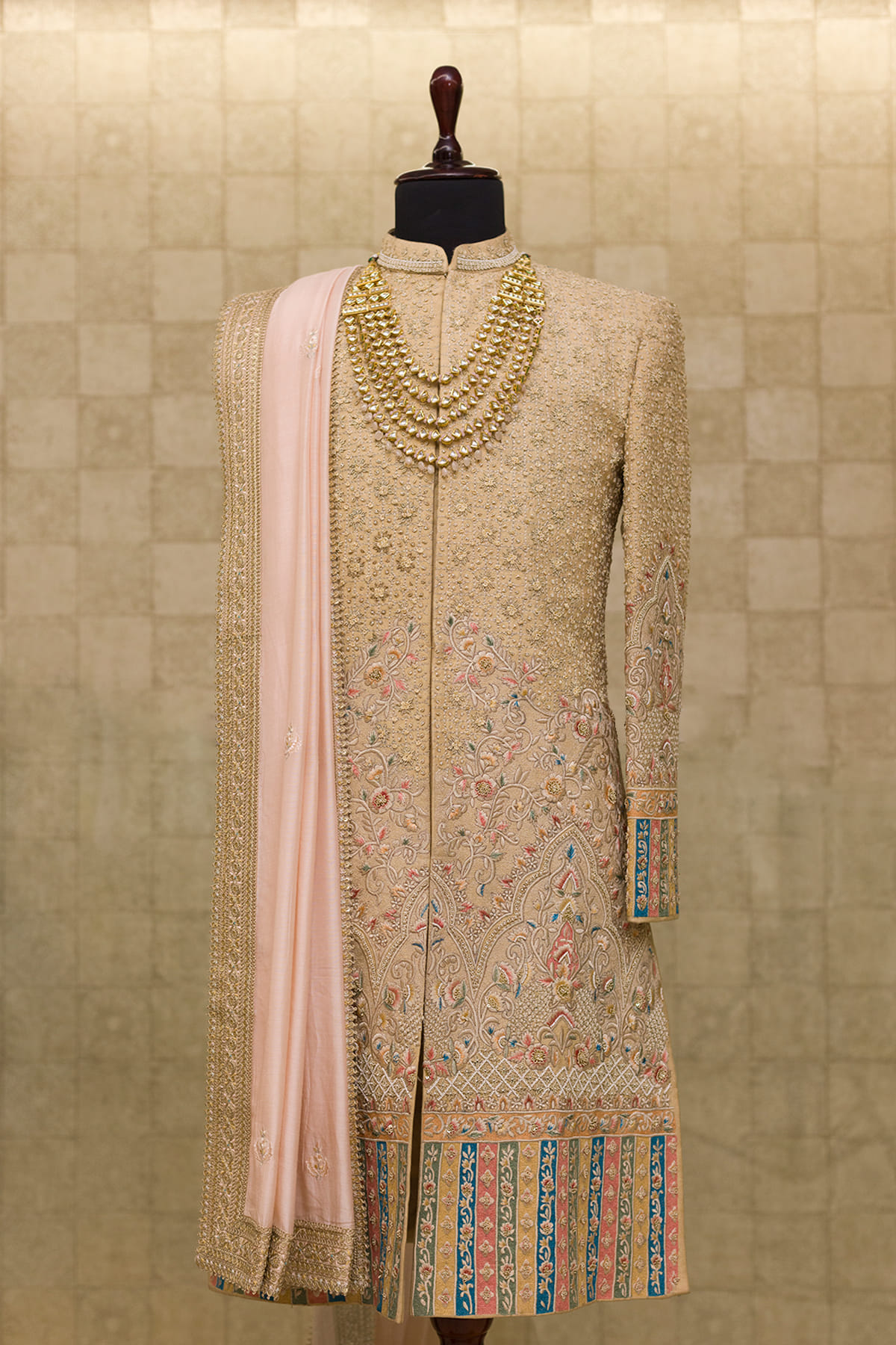 Cream Raw Silk Cutdana Zardosi Work Sherwani