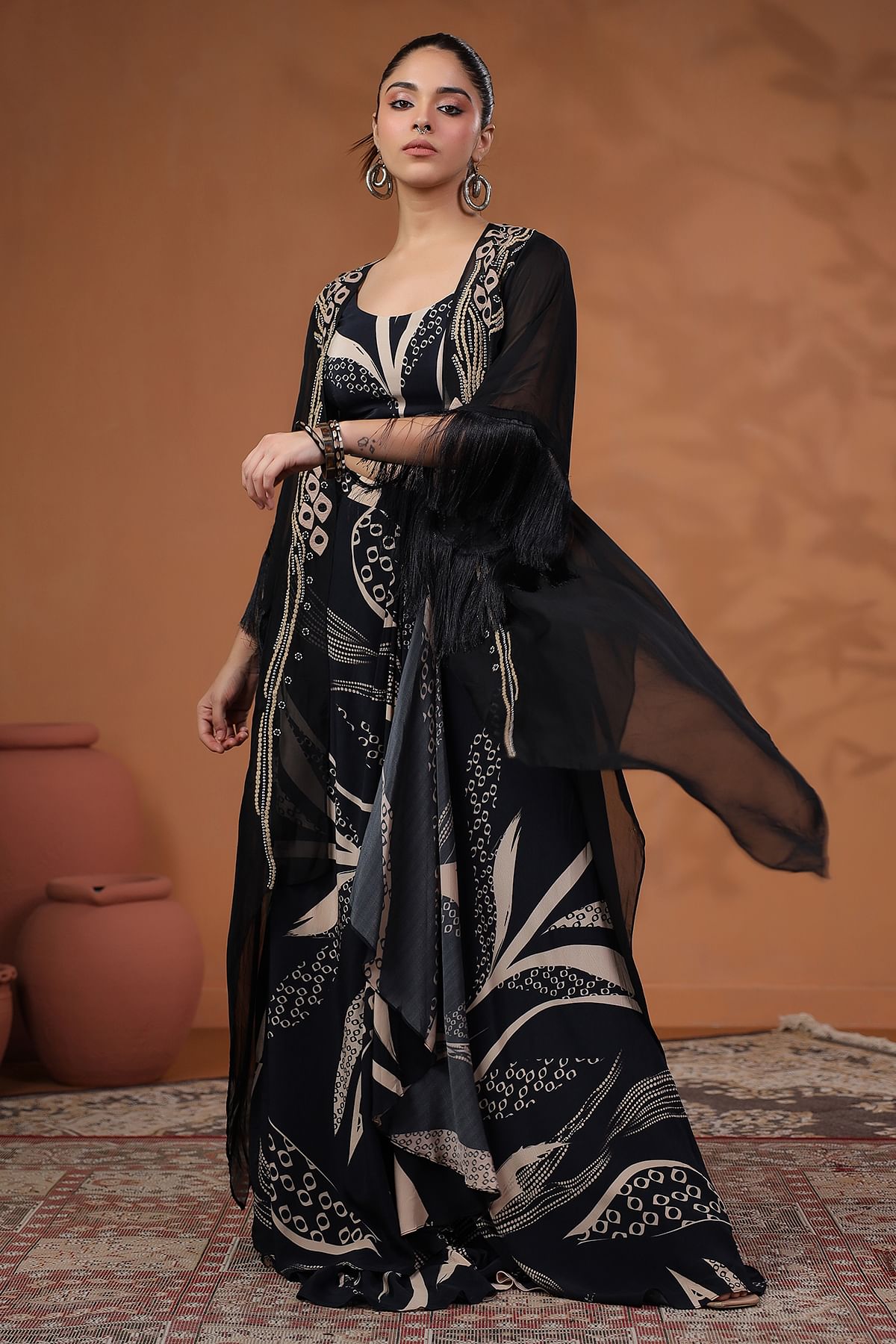 Buy Black Crepe Crop Top Suit with Printed Jacket Online Samyakk