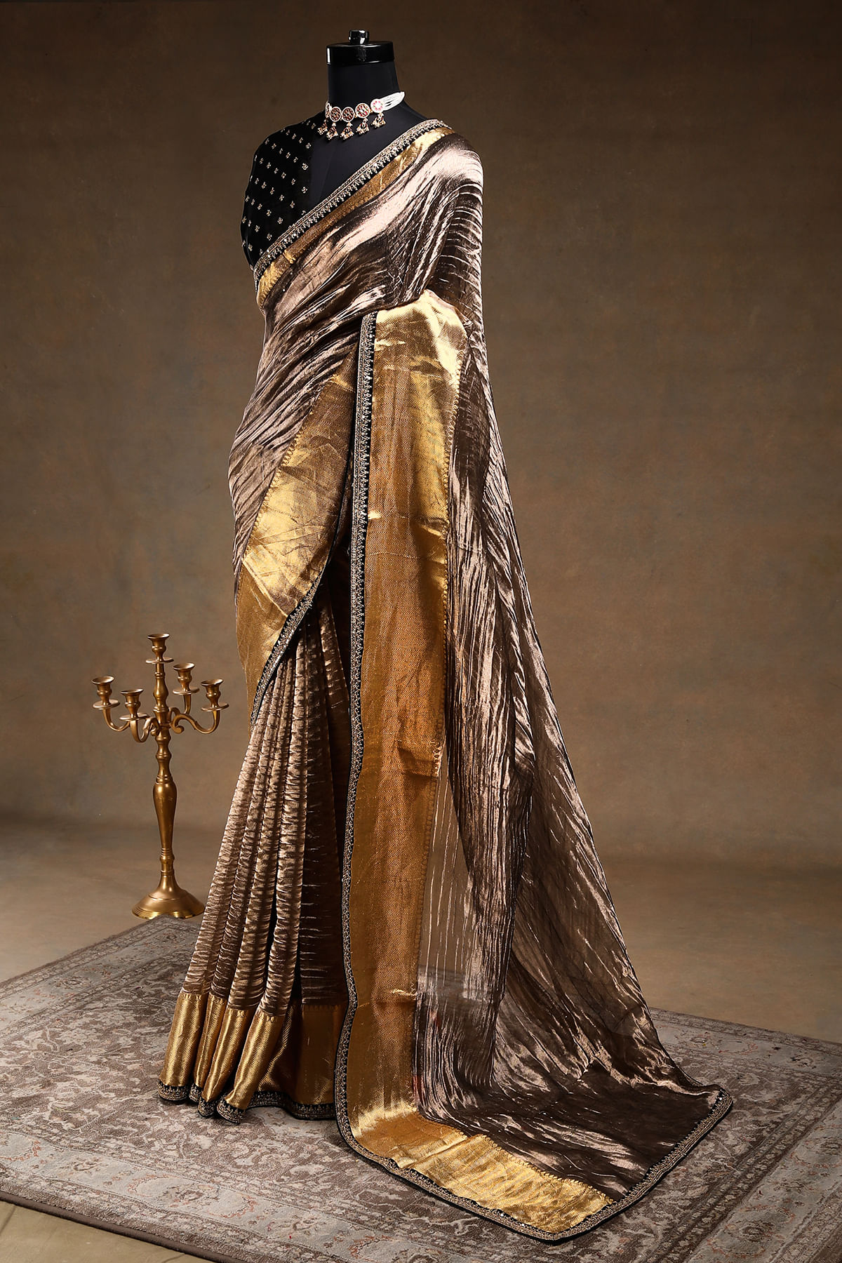 Buy Black & Gold Dual tone Sequins Embroidered Tissue Organza Saree With Unstitched Blouse Online at Samyakk
