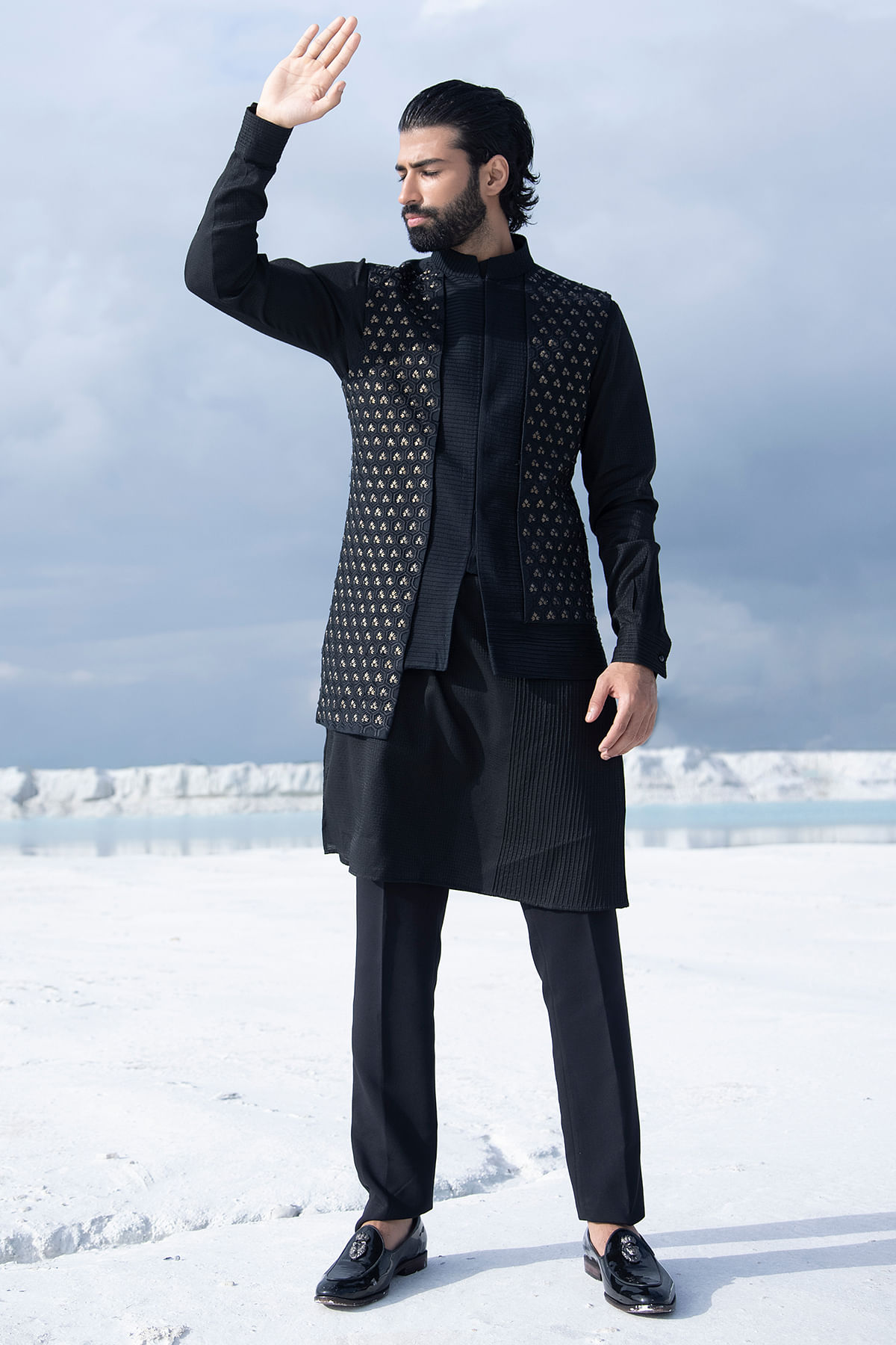 Buy Black Metal Embroidered Silk Waistcoat Kurtas Online at Samyakk