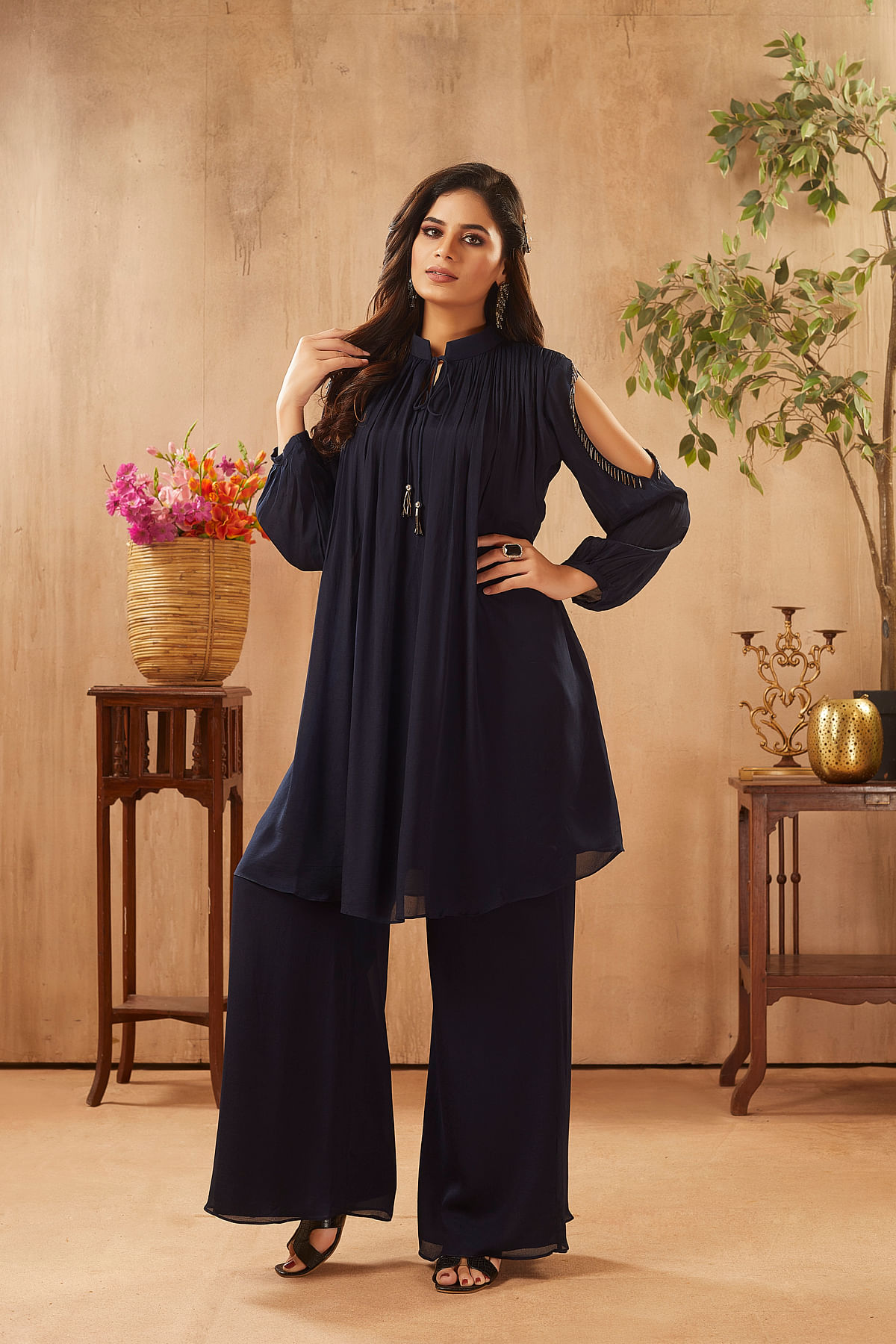 Black Plain Organza Palazzo Suit Online at Samyakk