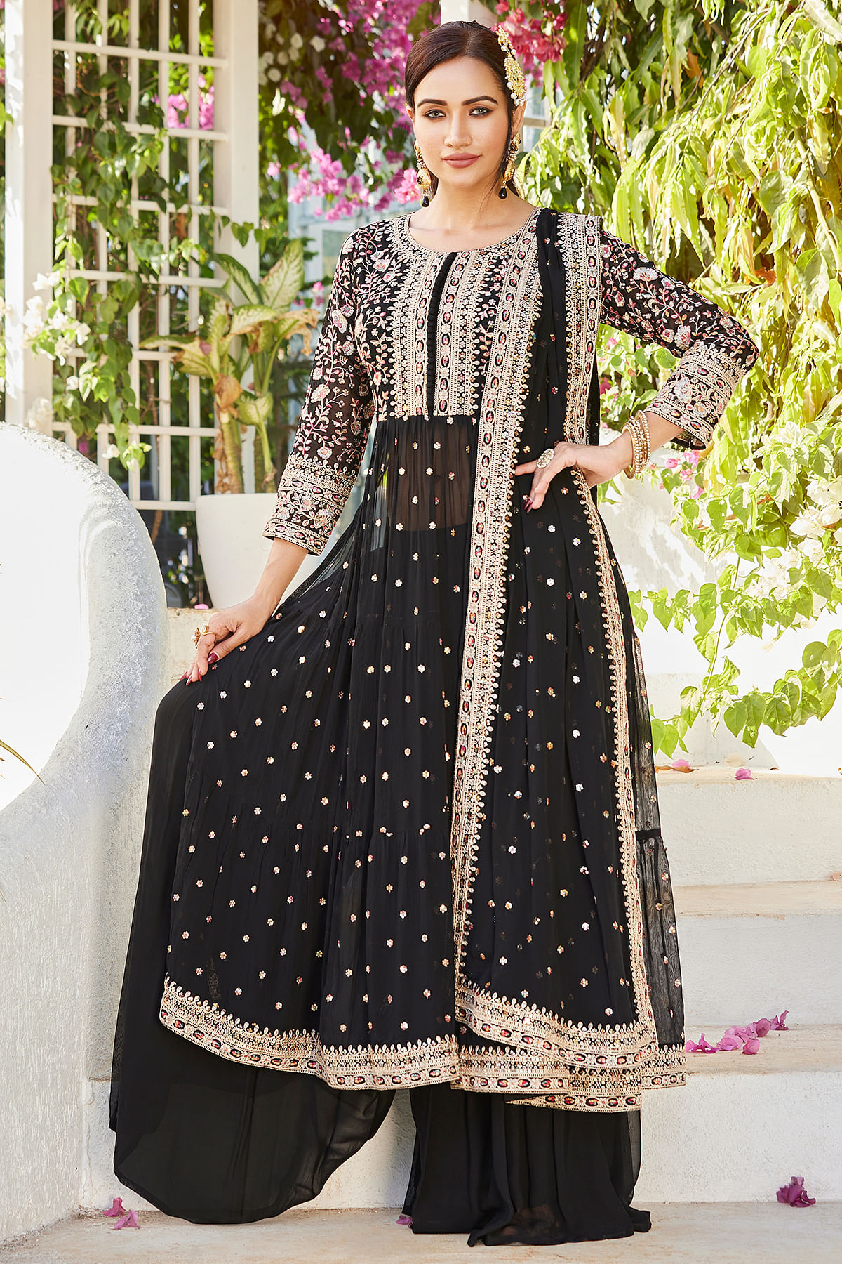 Buy Black Resham Embroidered Georgette Palazzo Suit Online at Samyakk