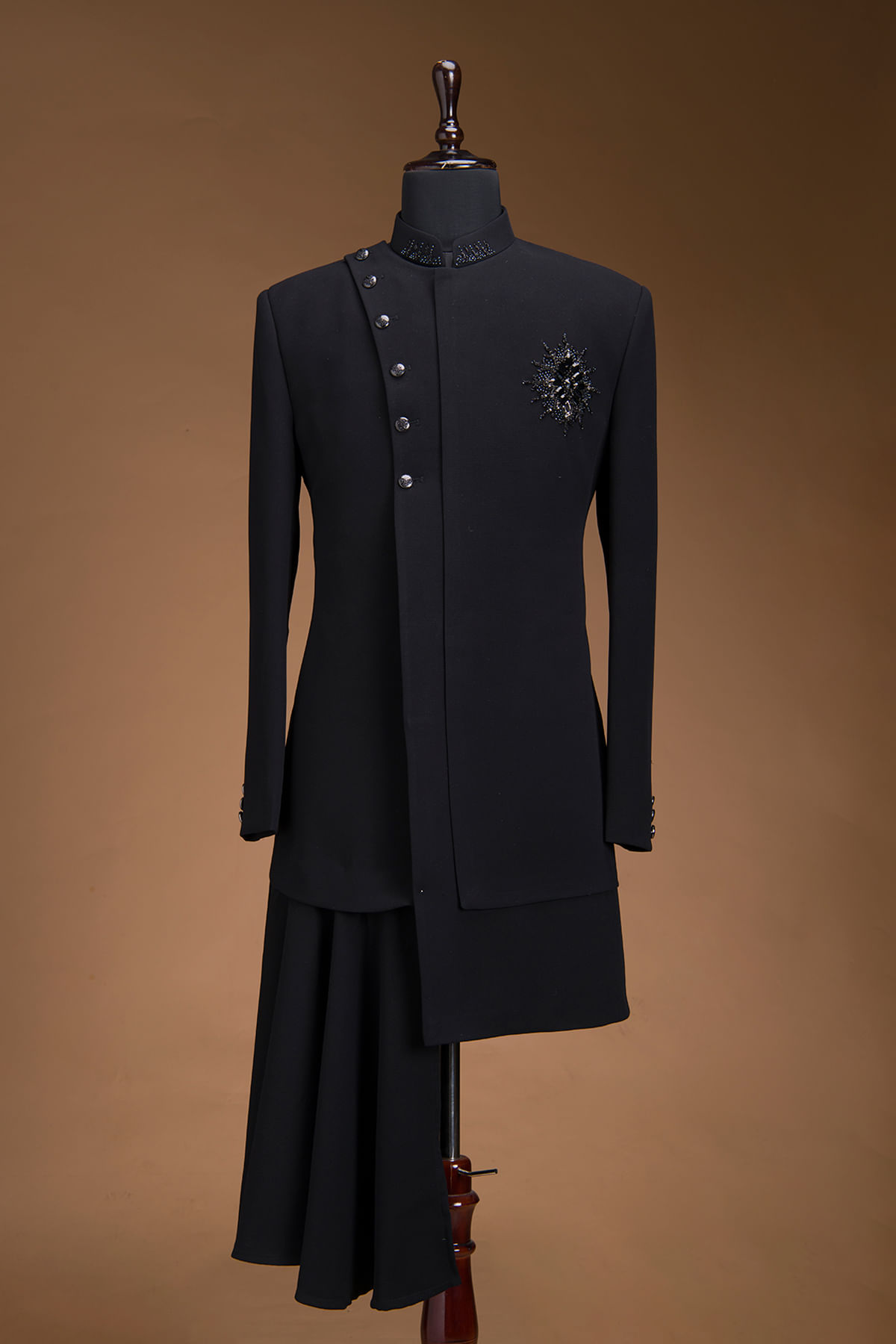 Black Terry Rayon Indowestern Sherwani with Mandarin Collar-GI4133