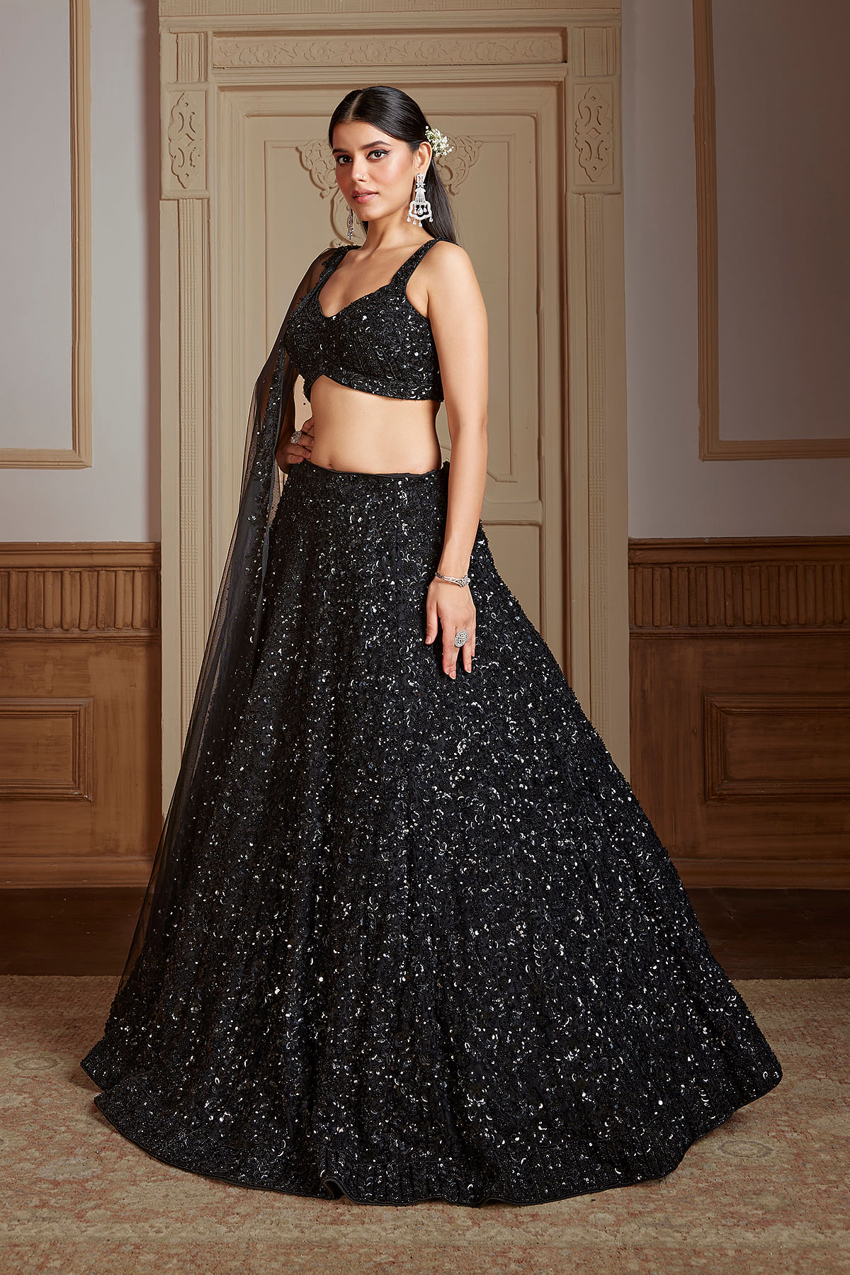 Buy Black Umbrella Style Net Bridesmaids Lehenga With Embroidered Pentagon Neck Blouse Online at Samyakk