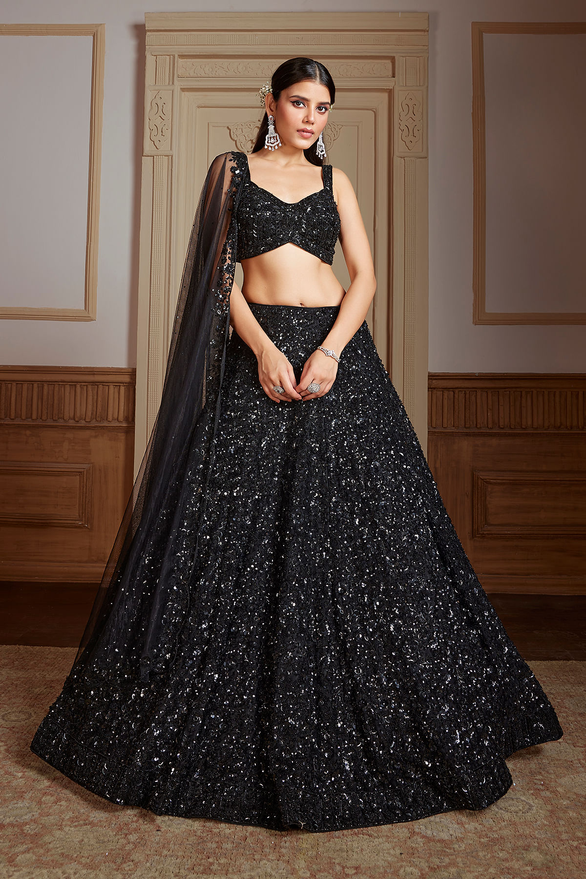 Buy Black Umbrella Style Net Bridesmaids Lehenga With Embroidered Pentagon Neck Blouse Online at Samyakk