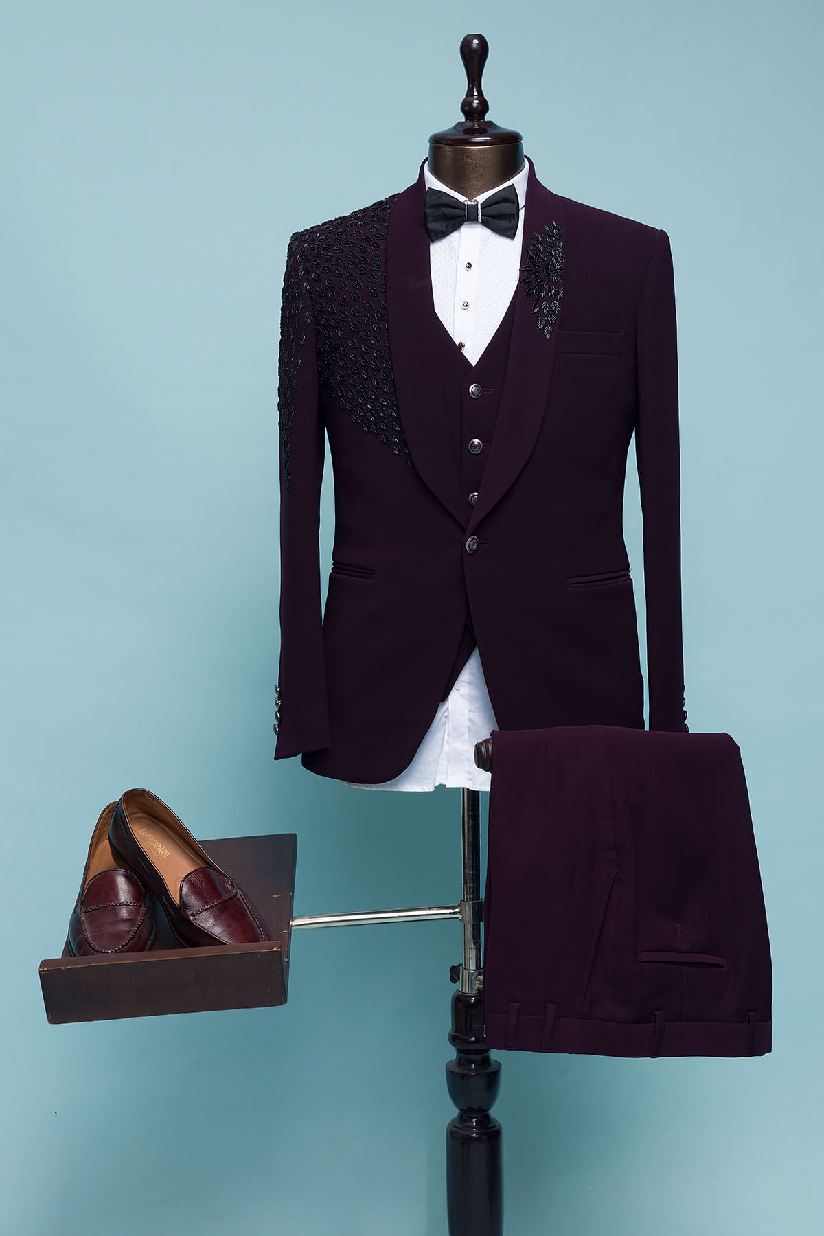 Blackberry Wine Bead Embroidered Boomariyo Tuxedo Suits NB1006