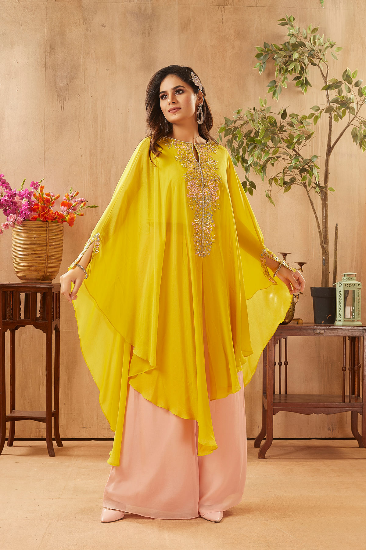 Buy Blazing Yellow Sequins Embroidered Organza Palazzo Suit Online at Samyakk