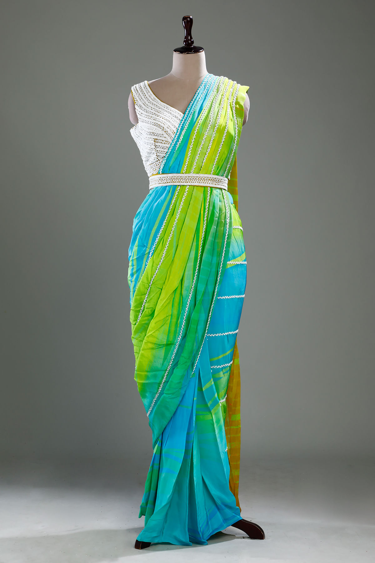 Blue and Green Ready To Wear Saree