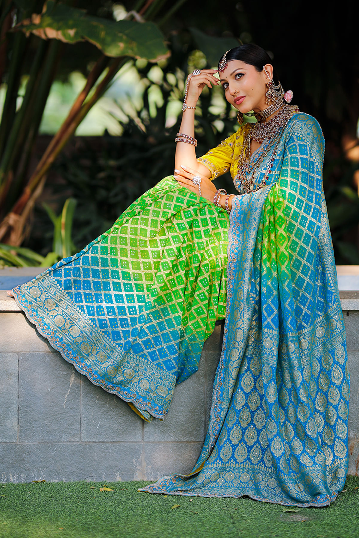 Blue and Green Bandhani Saree 