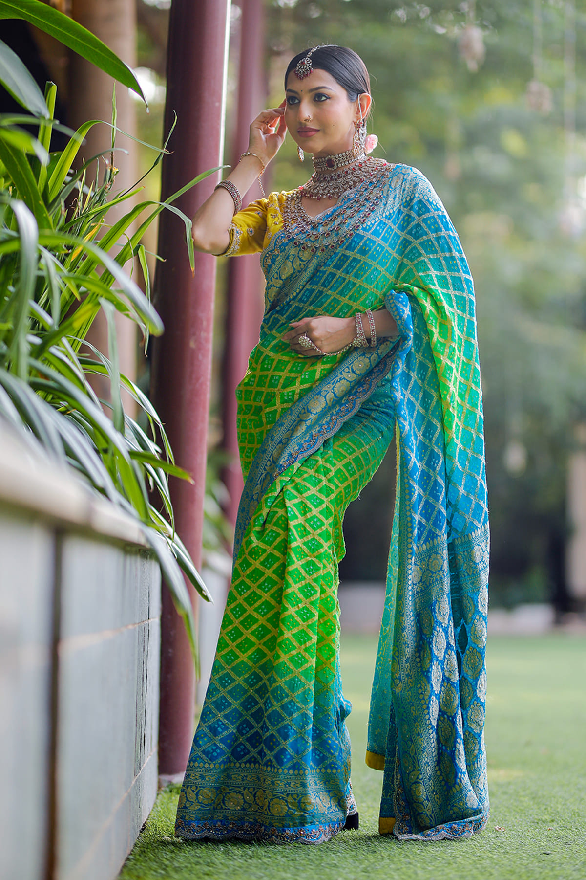Blue and Green Bandhani Saree