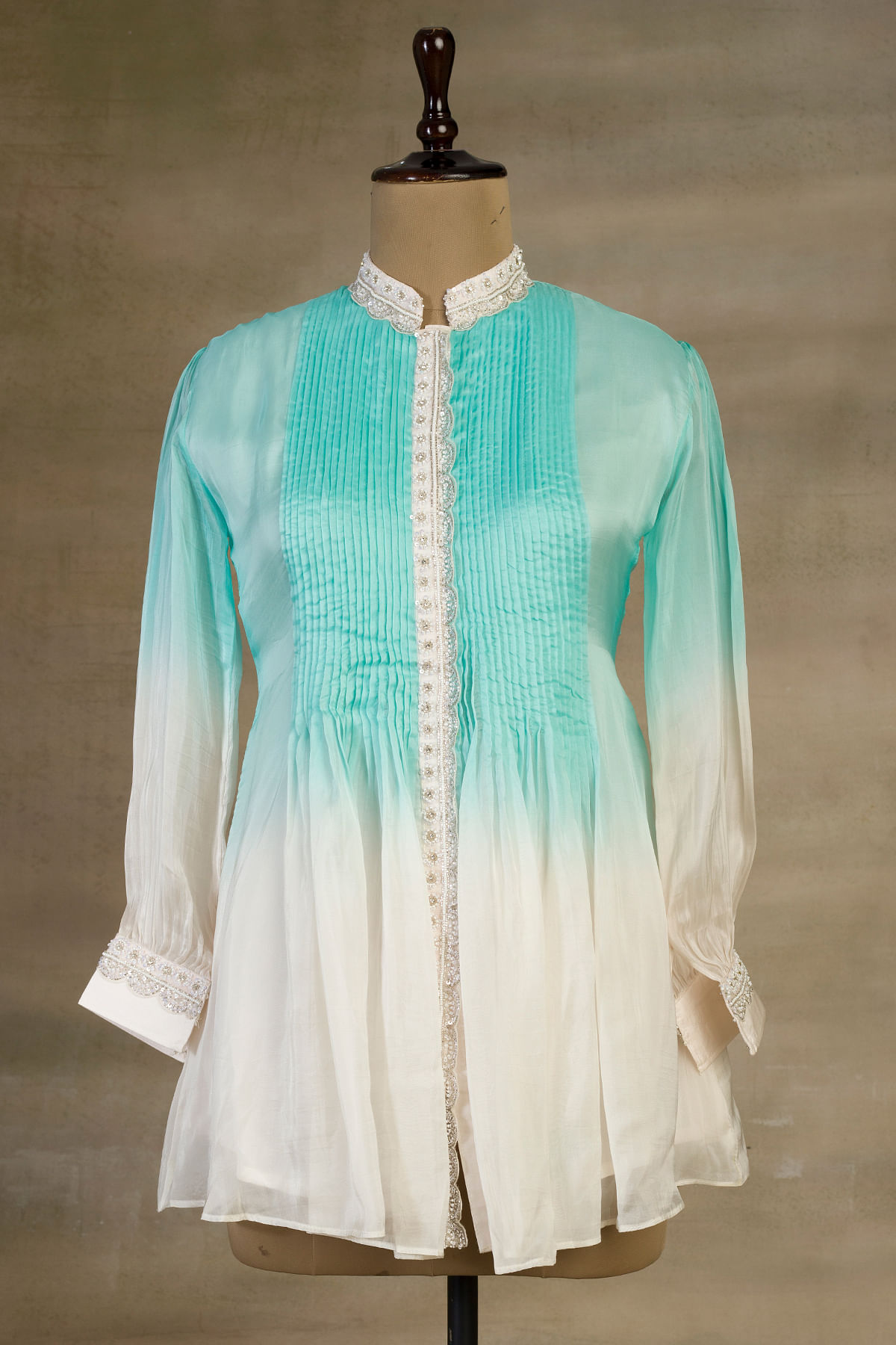 Blue And White Ombre Sequins Work Organza Kurti With Straight Pant Online at Samyakk