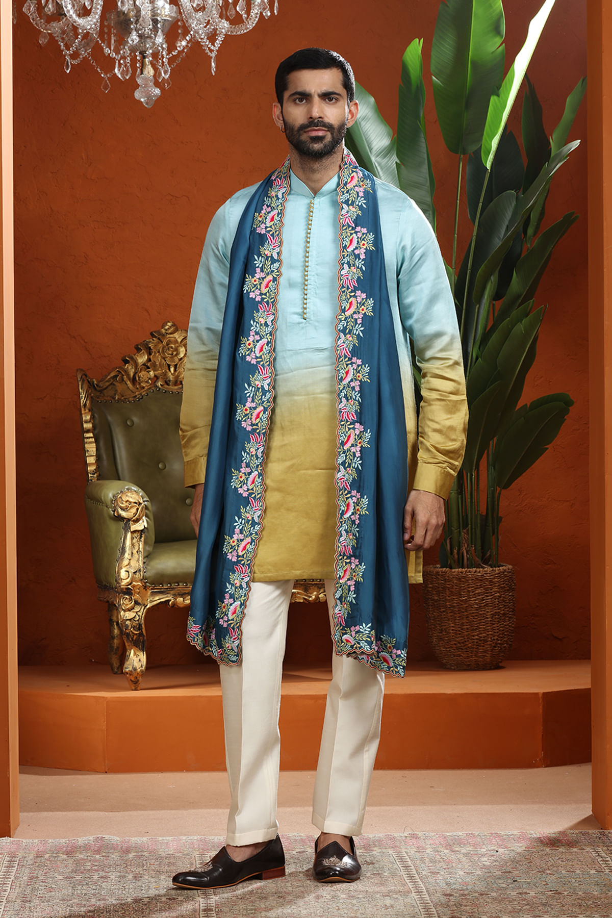 Blue and Yellow Ombre Resham Embroidered Silk Kurta-KR1126