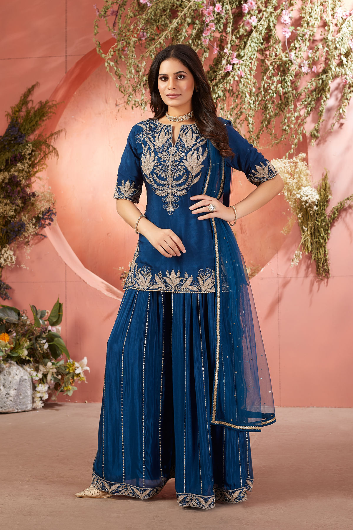 Buy Blue Crepe Palazzo Suit With Dori work And Slit Neck Online at Samyakk