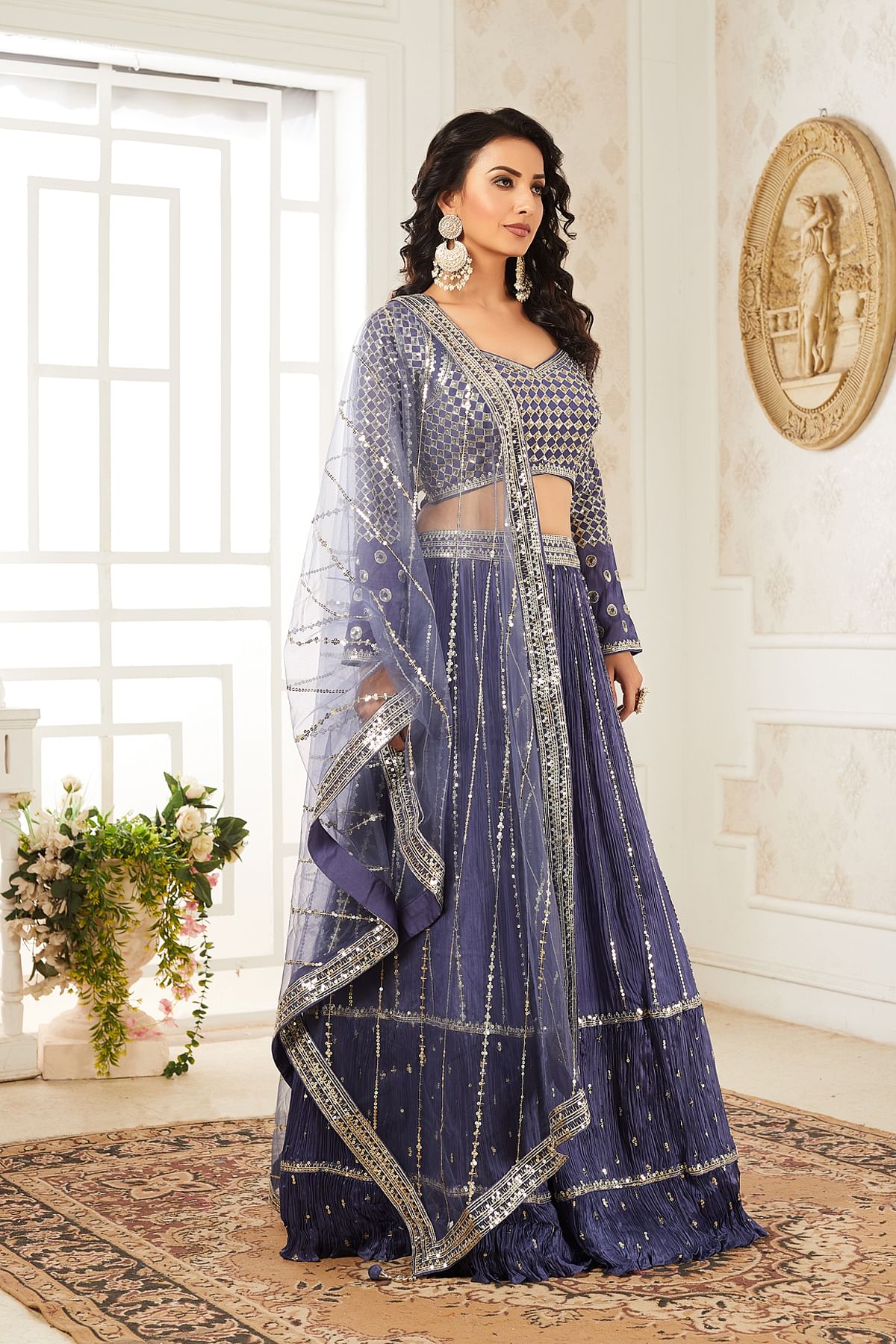 Buy Blue Gathered Style Crepe Party Wear Lehenga With Full Sleeves Embroidered Blouse Online Samyakk