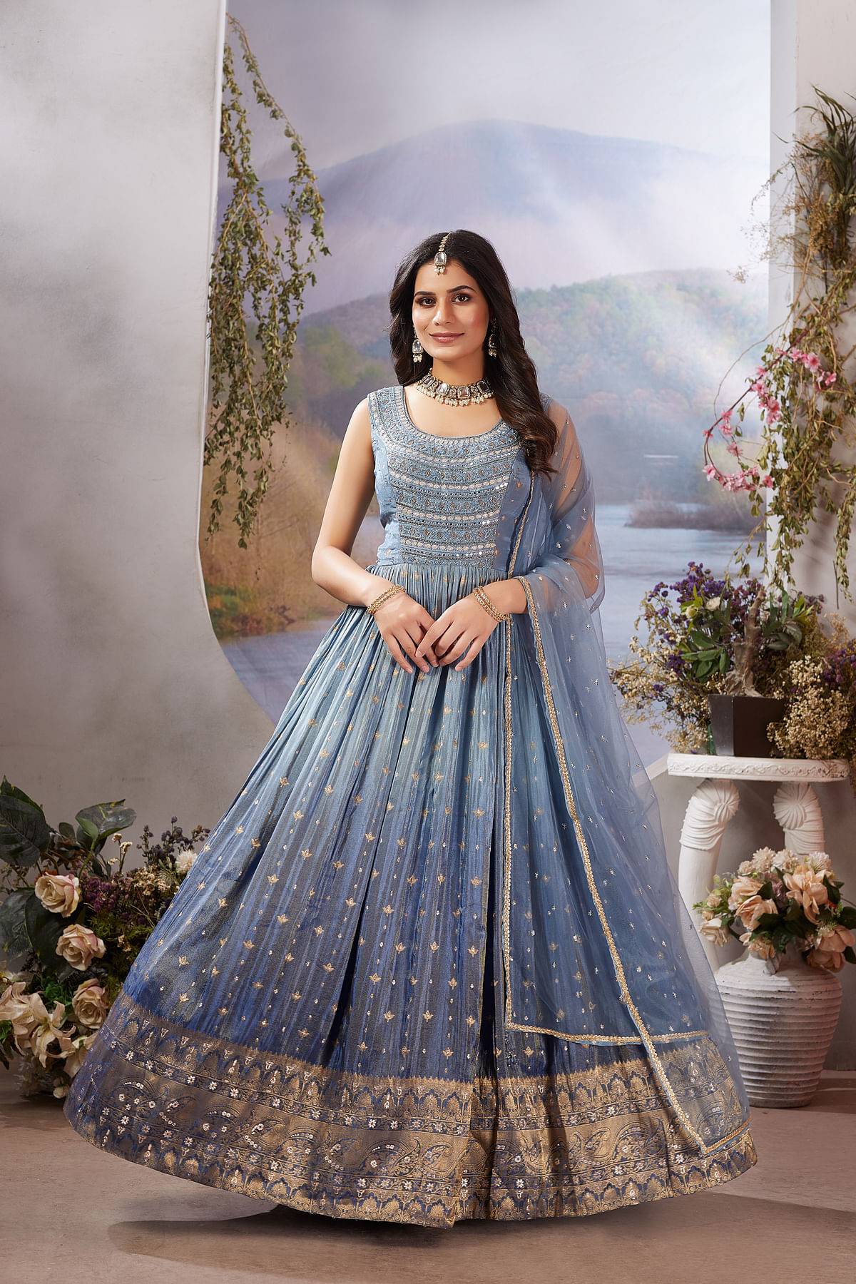 Blue Anarkali Salwar With Net Dupatta