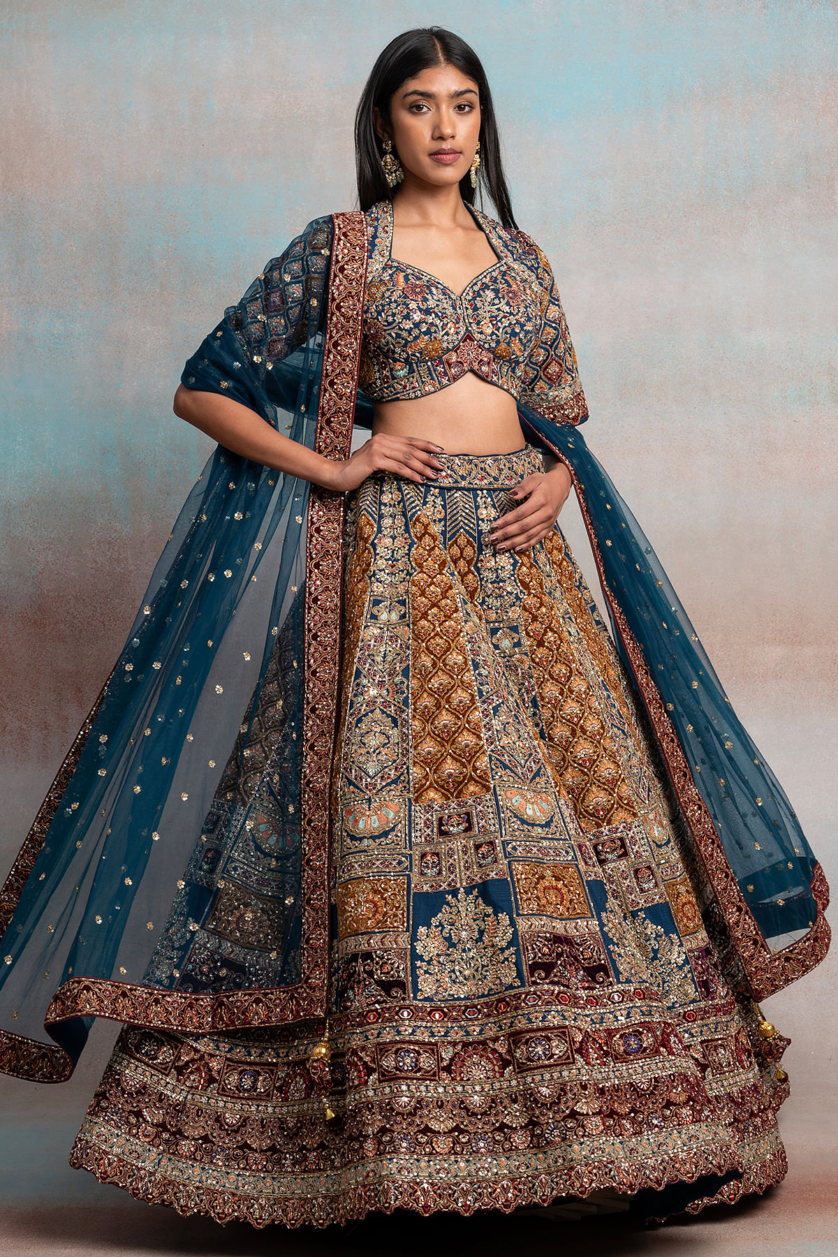 Buy Blue Opal Sequins Embroidered Silk Bridesmaid Lehenga Online at Samyakk