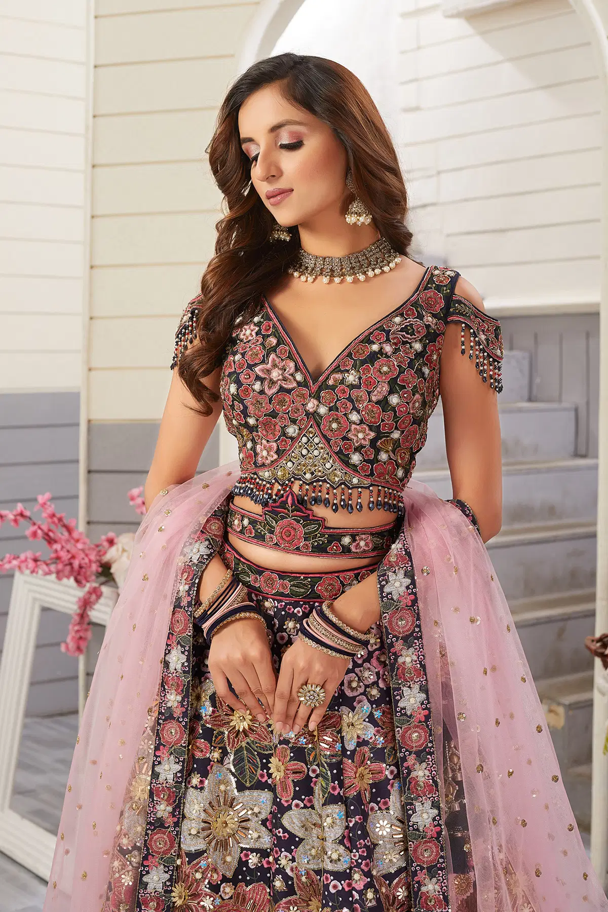 Blue Panel Style Silk Designer Lehenga With Deep Leaf Neck Embroidered Blouse GC4624