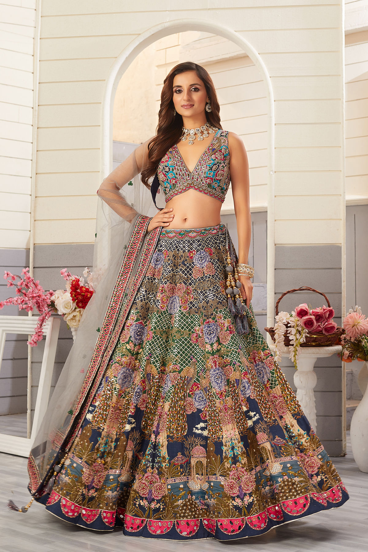 Buy Blue Panel Style Silk Designer Lehenga With V Neck Embroidered Blouse Online Samyakk