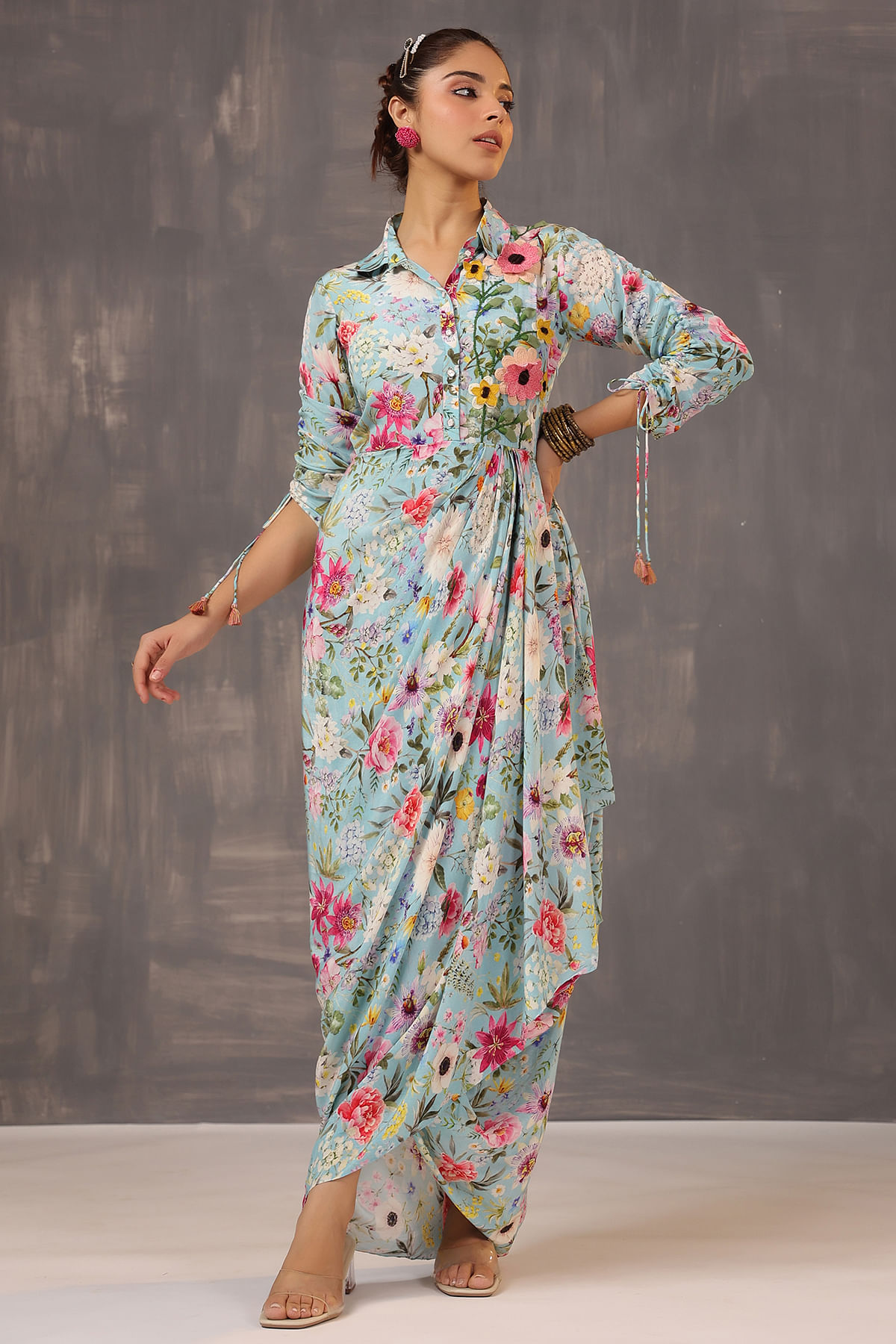 Blue Printed Crepe Kurti with Shirt Collar WKR1922