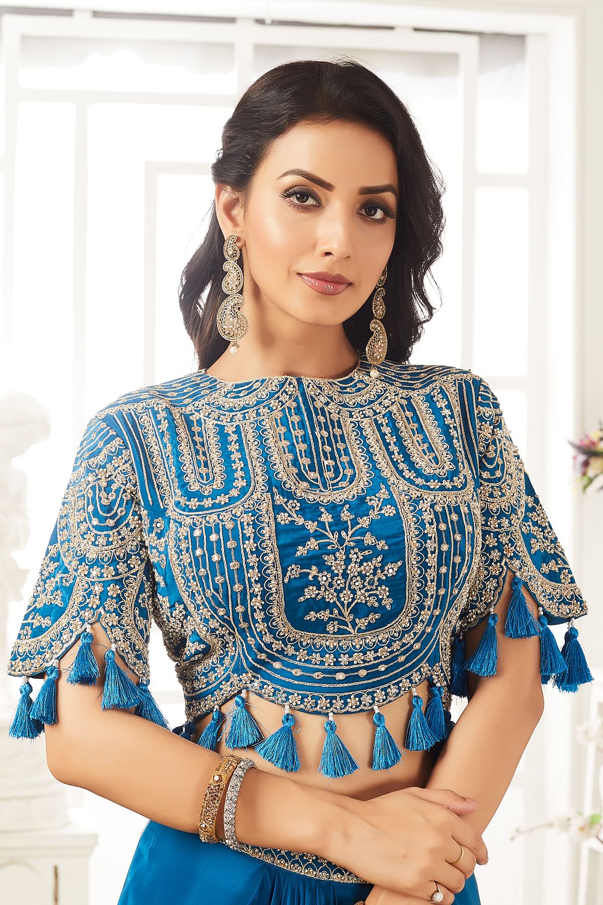 Buy Blue Satin Zari Work Draped Style Party Wear Salwar