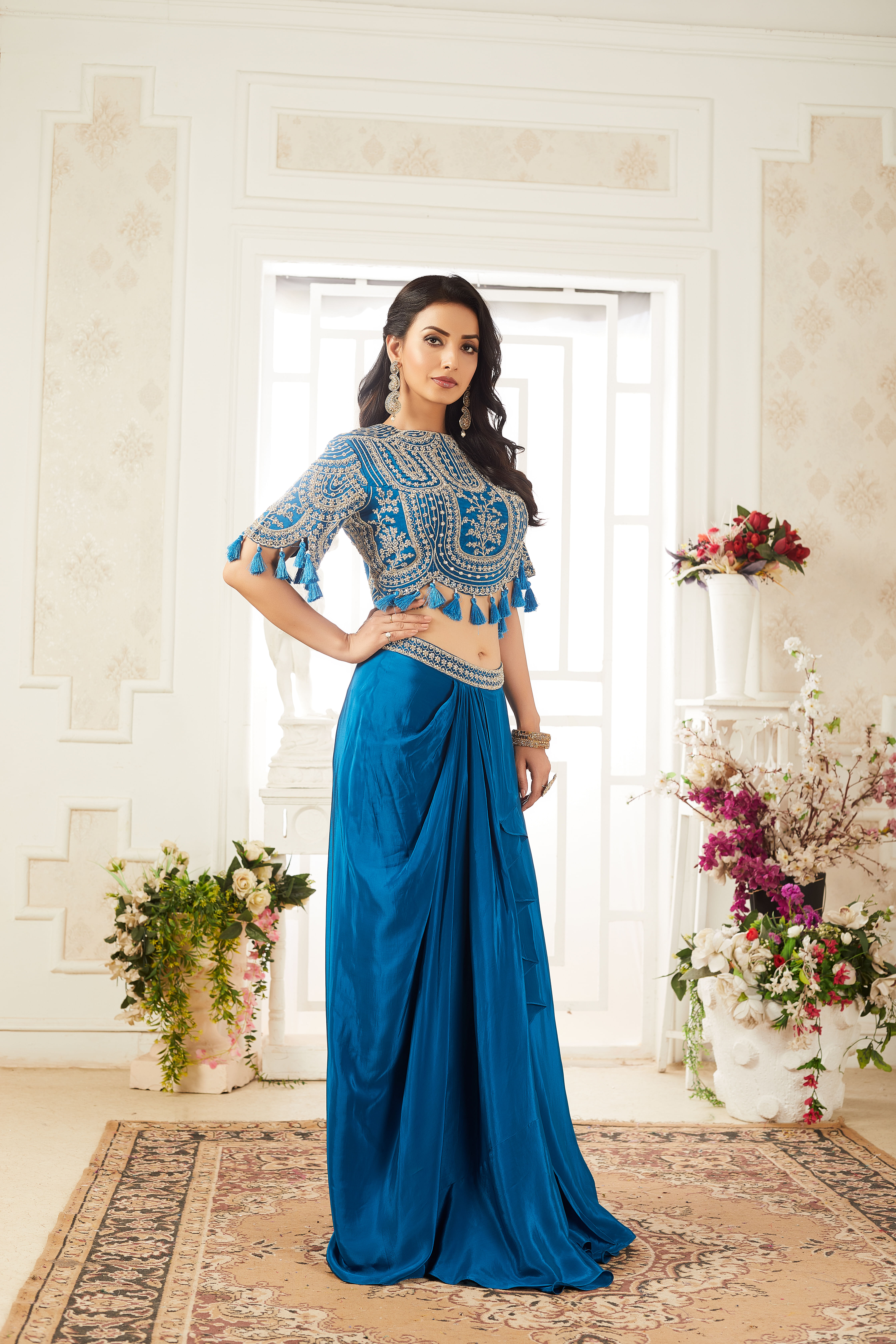 Buy Blue Embellished Lurex Stripes Kurta Online for Woman