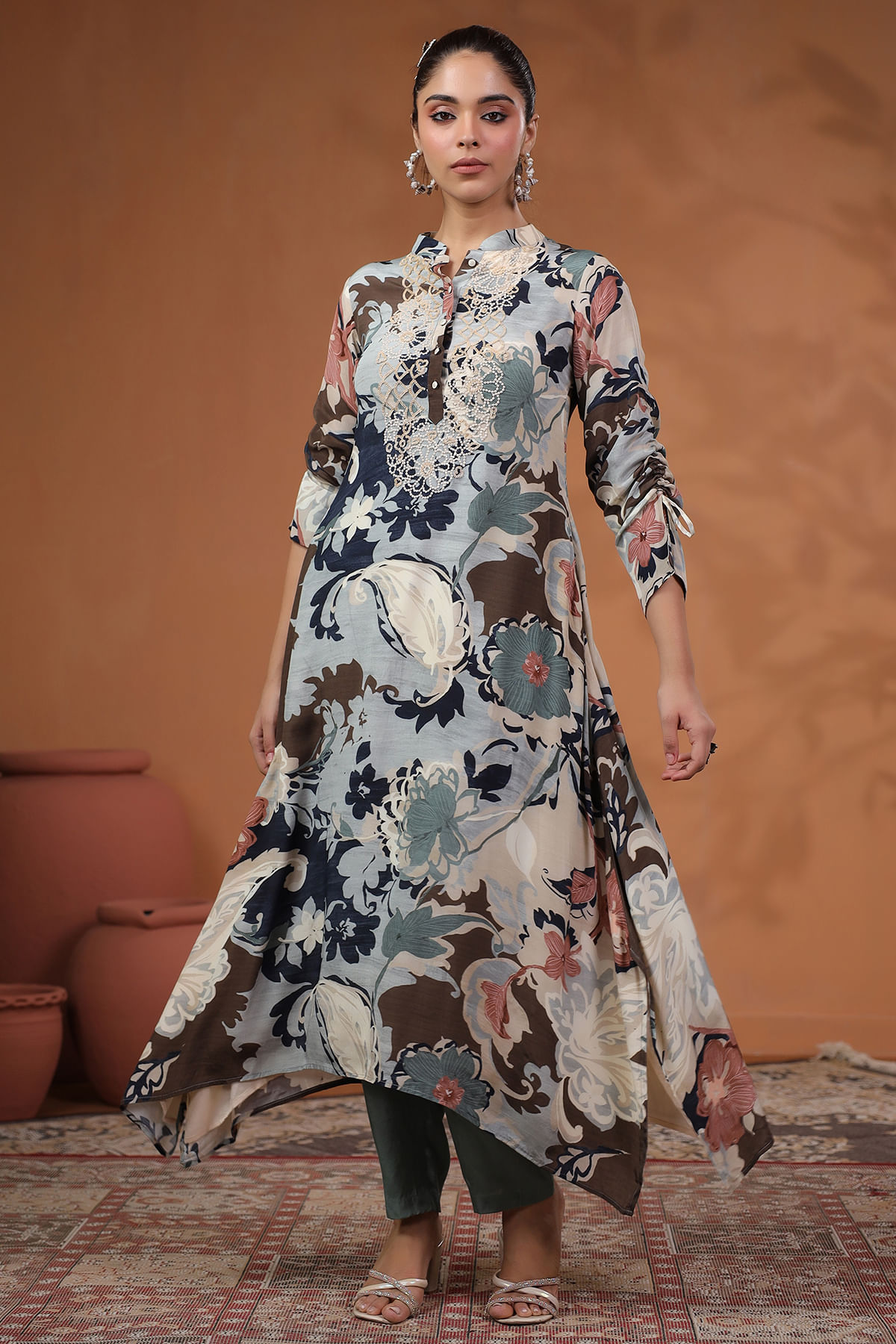 Blue Sequins Work Crepe Kurti with Standup Collar-WKR1936