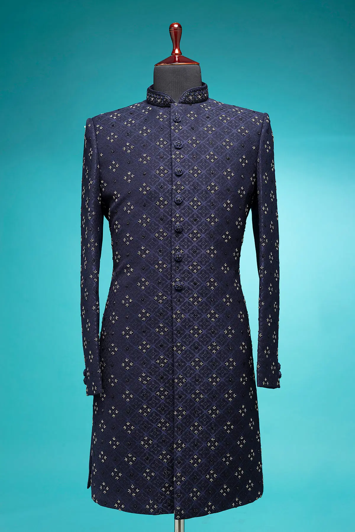 Blue Silk Wedding Sherwani with Stright Cut Style and Mandarin Collar-GG2056