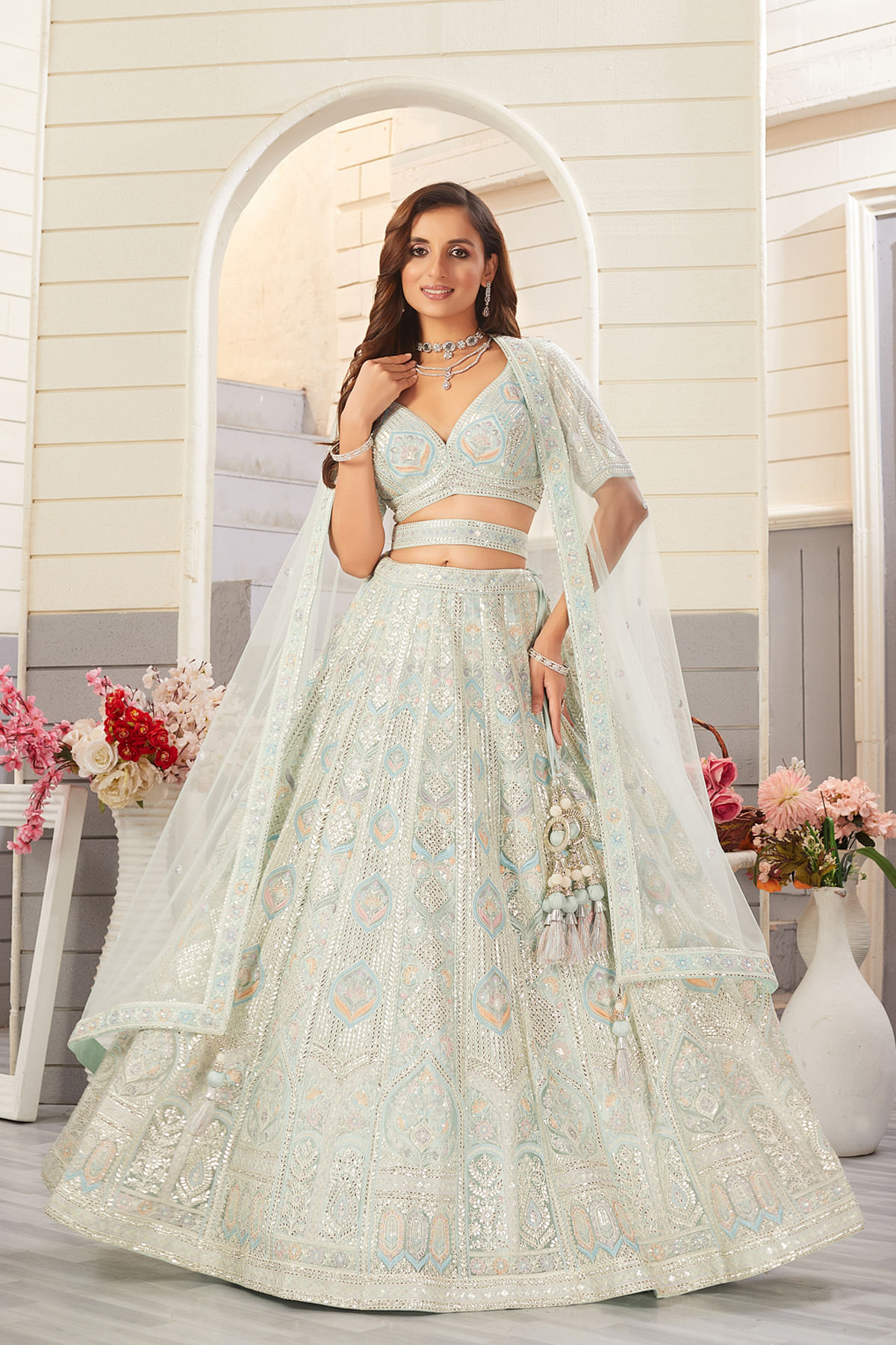 Buy Blue Umbrella Style Organza Designer Lehenga With Leaf Neck Embroidered Blouse Online at Samyakk