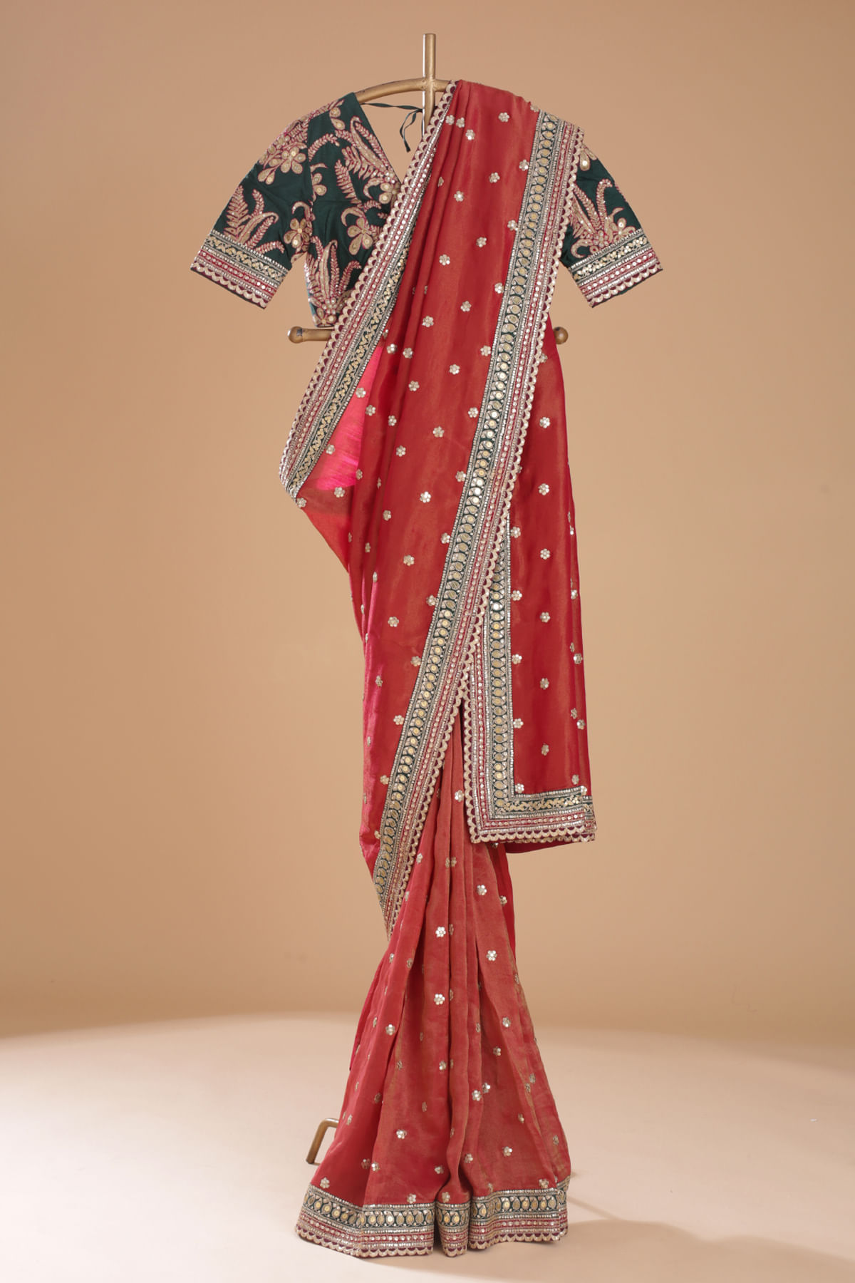Brick Red Sequins Embroidered Tissue Saree-NL1452