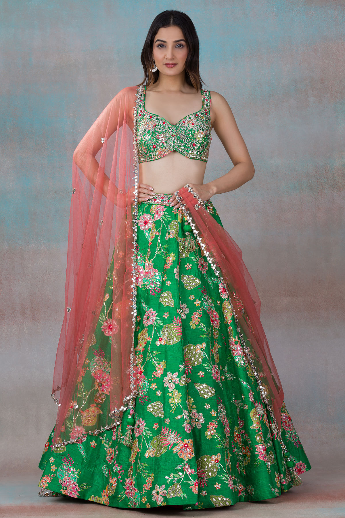 Buy Bright Green Sequins Embroidered Silk Mehendi Lehenga Online at Samyakk