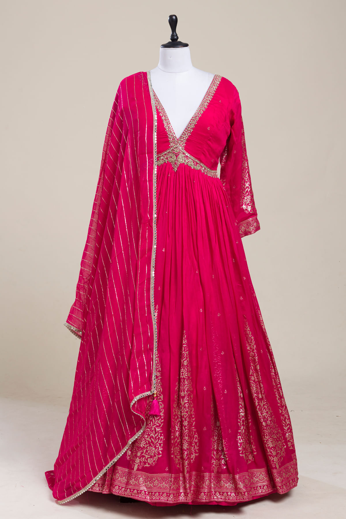 Bright Pink Organza Anarkali Salwar with Sequins Work and Plunged Neck-GI3203