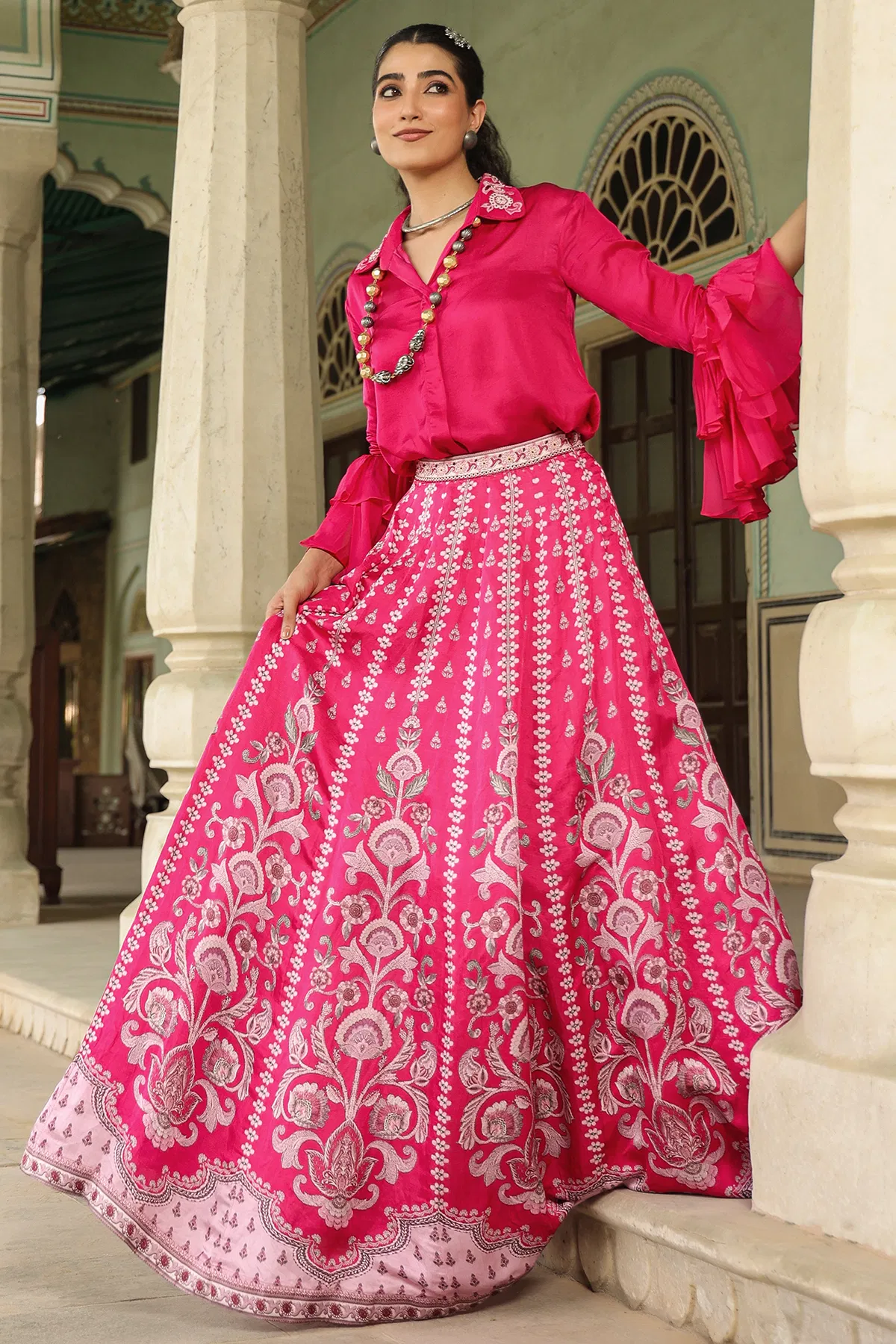 Pink Designer Lehenga with Ruffle Sleeve Blouse