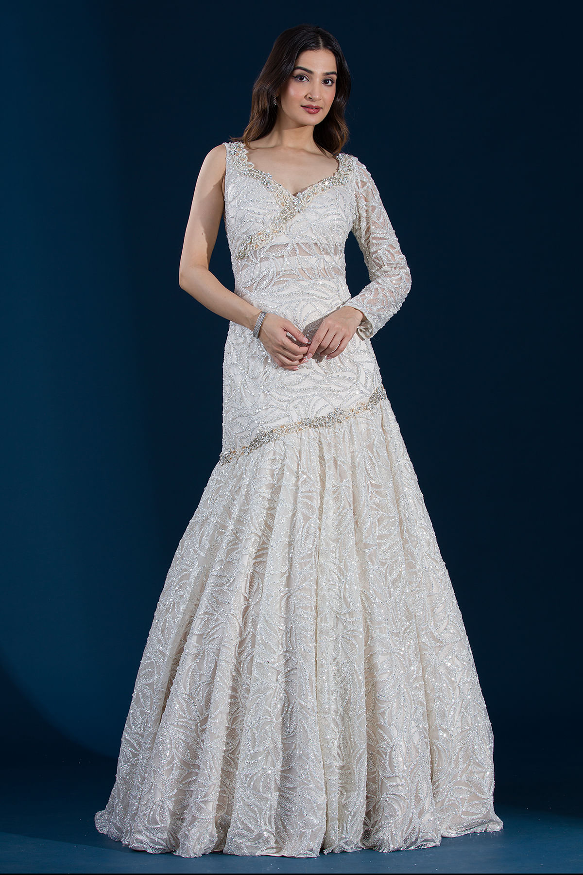 Buy Bright White Sequins Embroidered Net Bridal Gowns Online at Samyakk