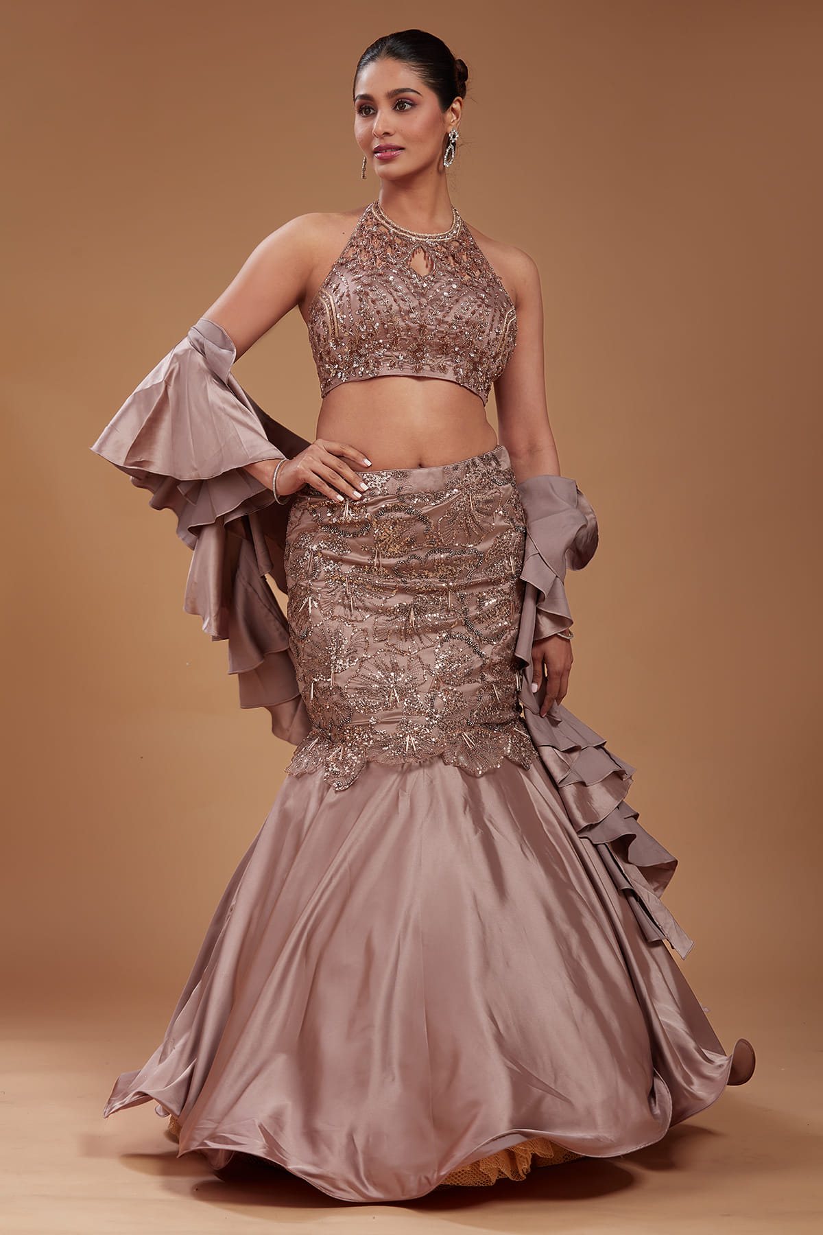 Lehenga High Neck Blouse Dress Buy Brown Satin Mermaid Style