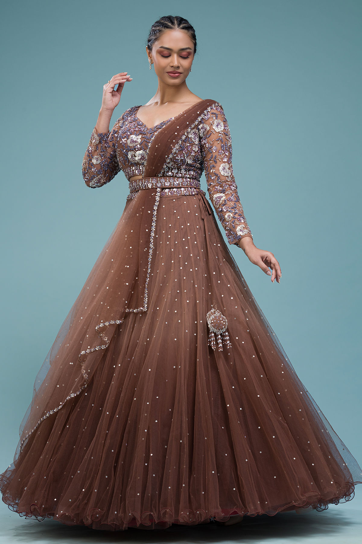 Buy Brown Shaded Sequins Embroidered Net Designer Lehenga Online at Samyakk