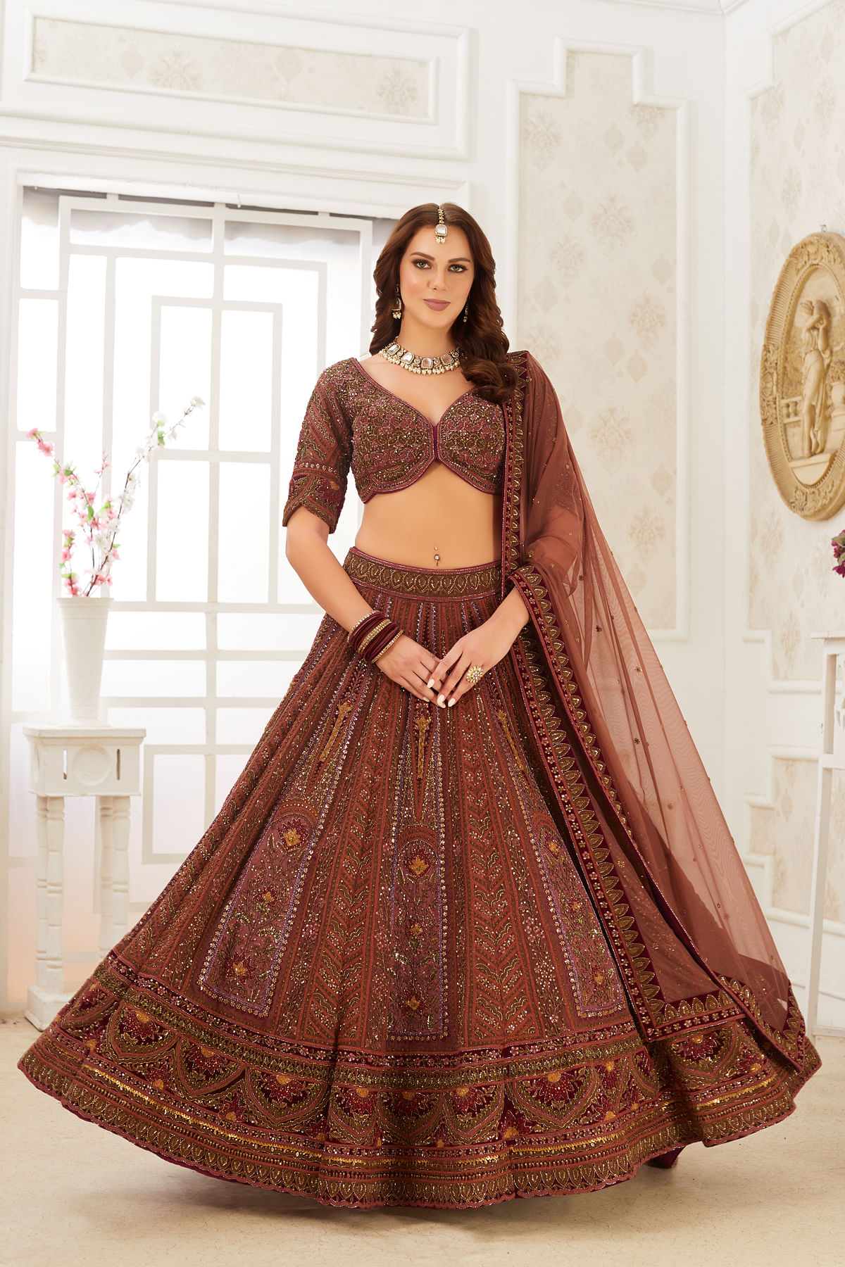 Buy Brown Wedding Lehenga with Sequins Embroidery and Curved V Neck Blouse Online at Samyakk