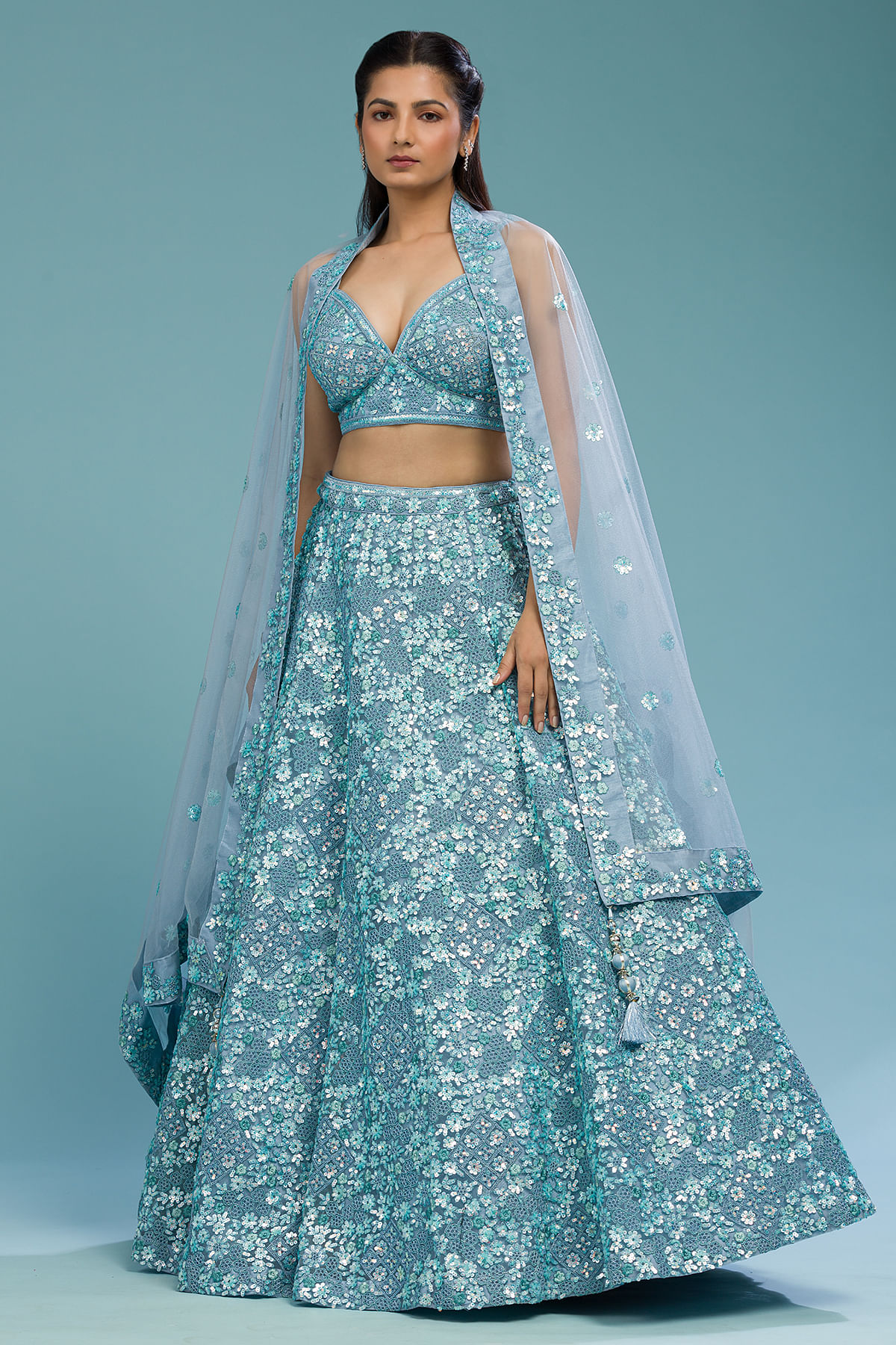 Buy Cabana Blue Sequins Embroidered Net Designer Lehenga Online at Samyakk