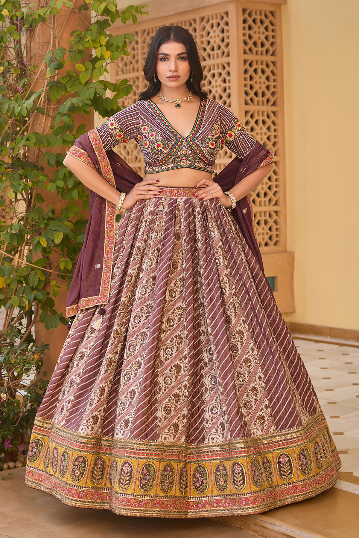 Cream and Purple Lehenga